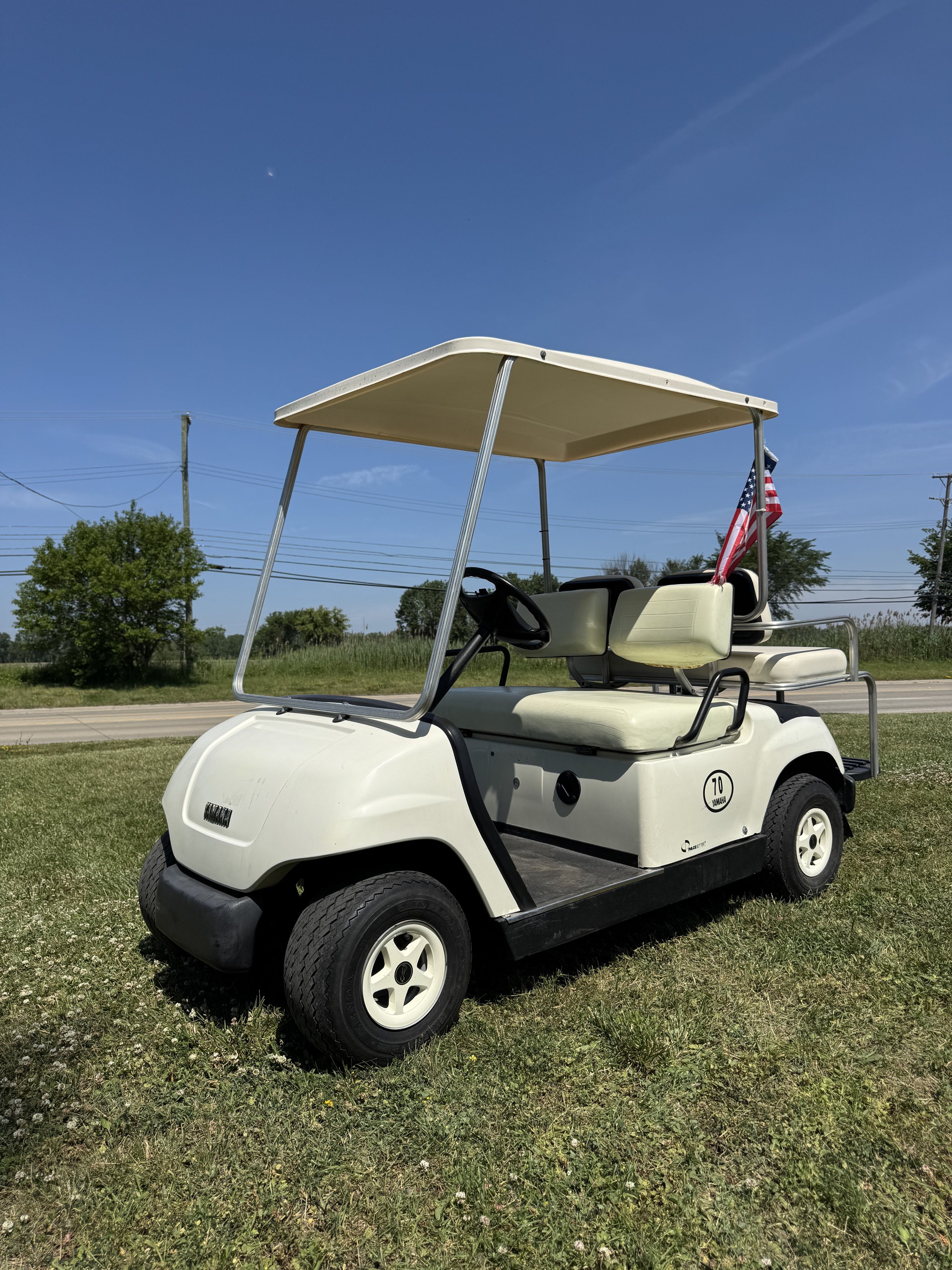 A white golf cart with a beige roof parked on a grassy area, with trees, power lines, and a clear blue sky in the background.