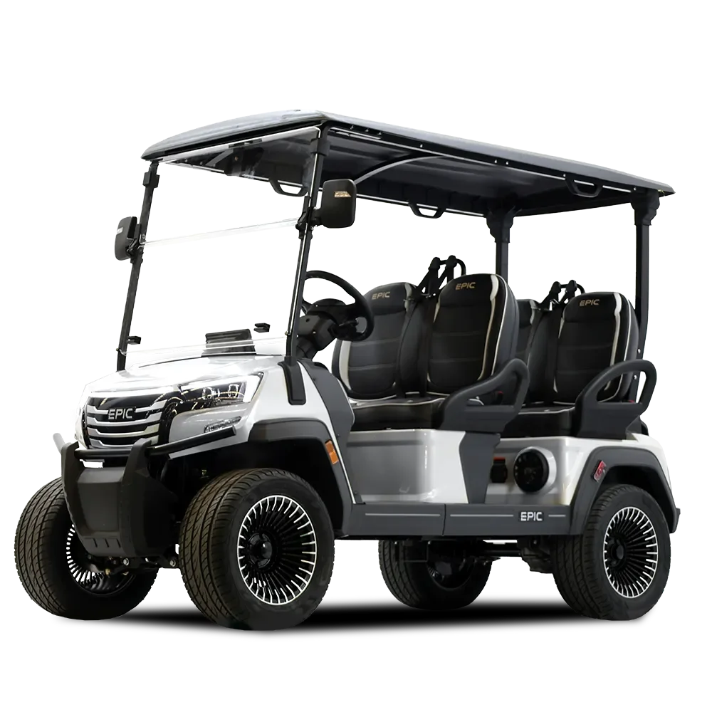 Gray golf cart with black seats, a roof, and a front bumper.