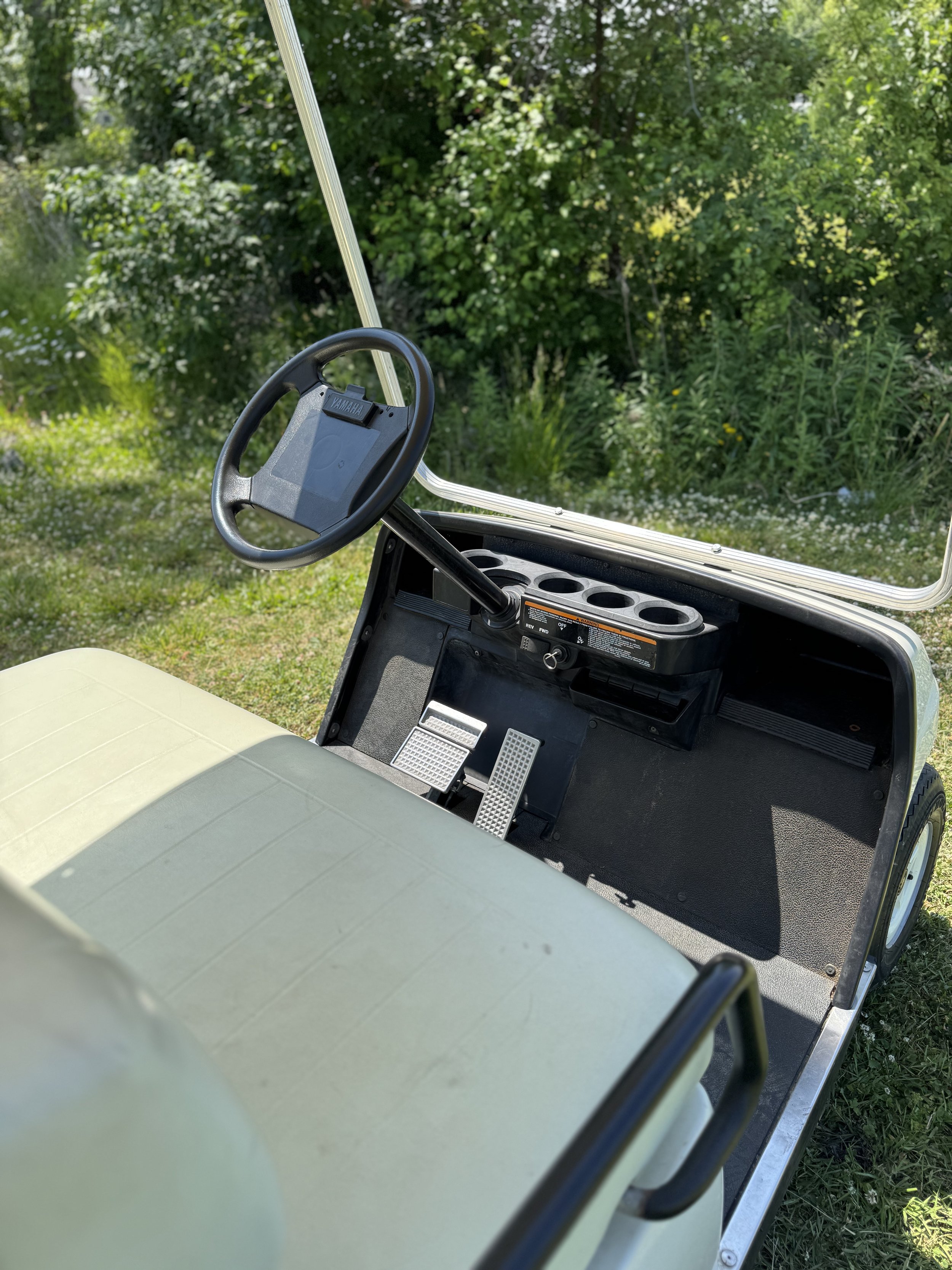 Close-up of the dashboard and steering wheel of a golf cart parked on grass with green trees in the background.