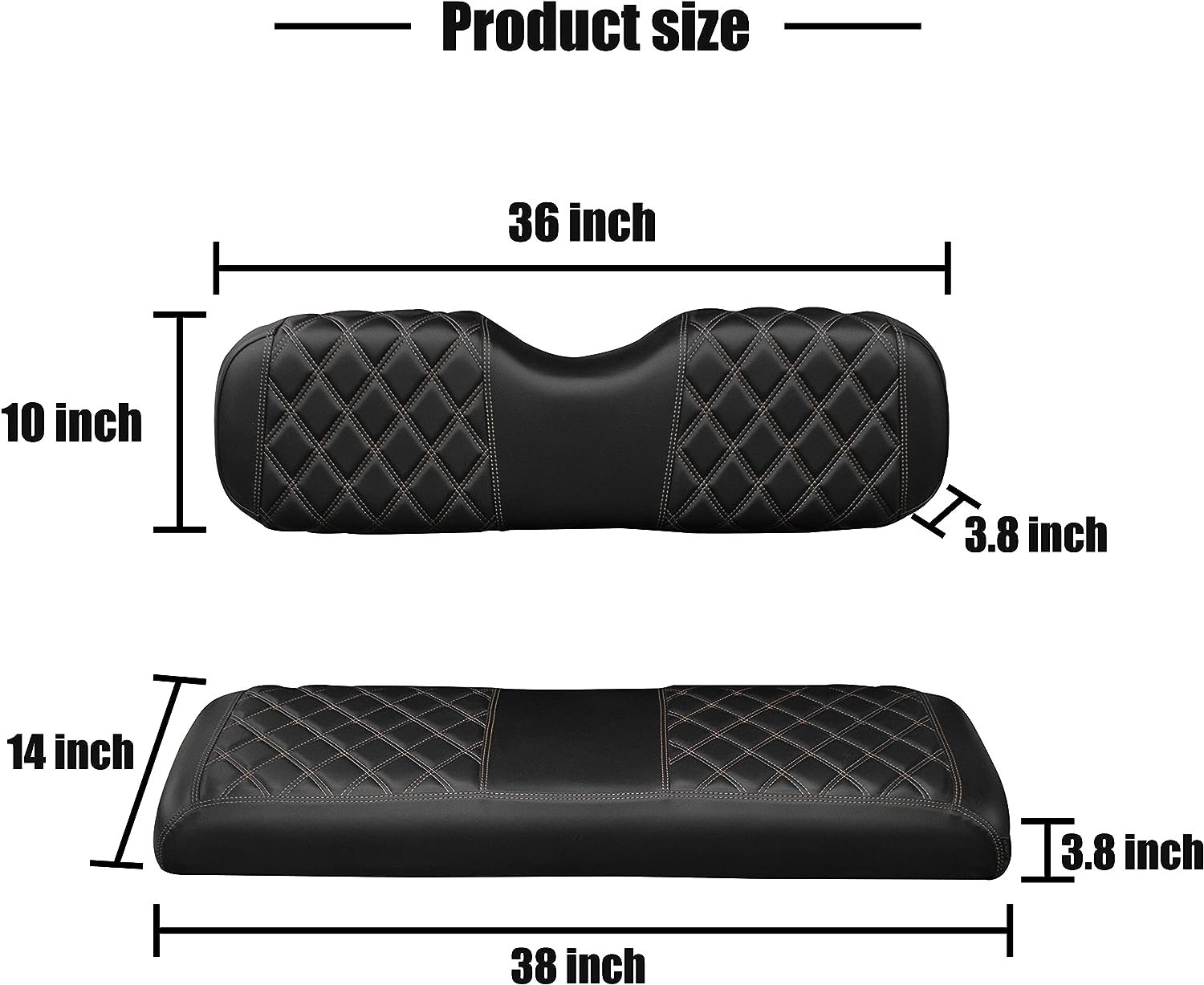 Diagram of a motorcycle backrest and seat with measurements. The backrest is 36 inches wide, 10 inches high, and 3.8 inches thick; the seat is 38 inches long, 14 inches wide, and 3.8 inches thick.