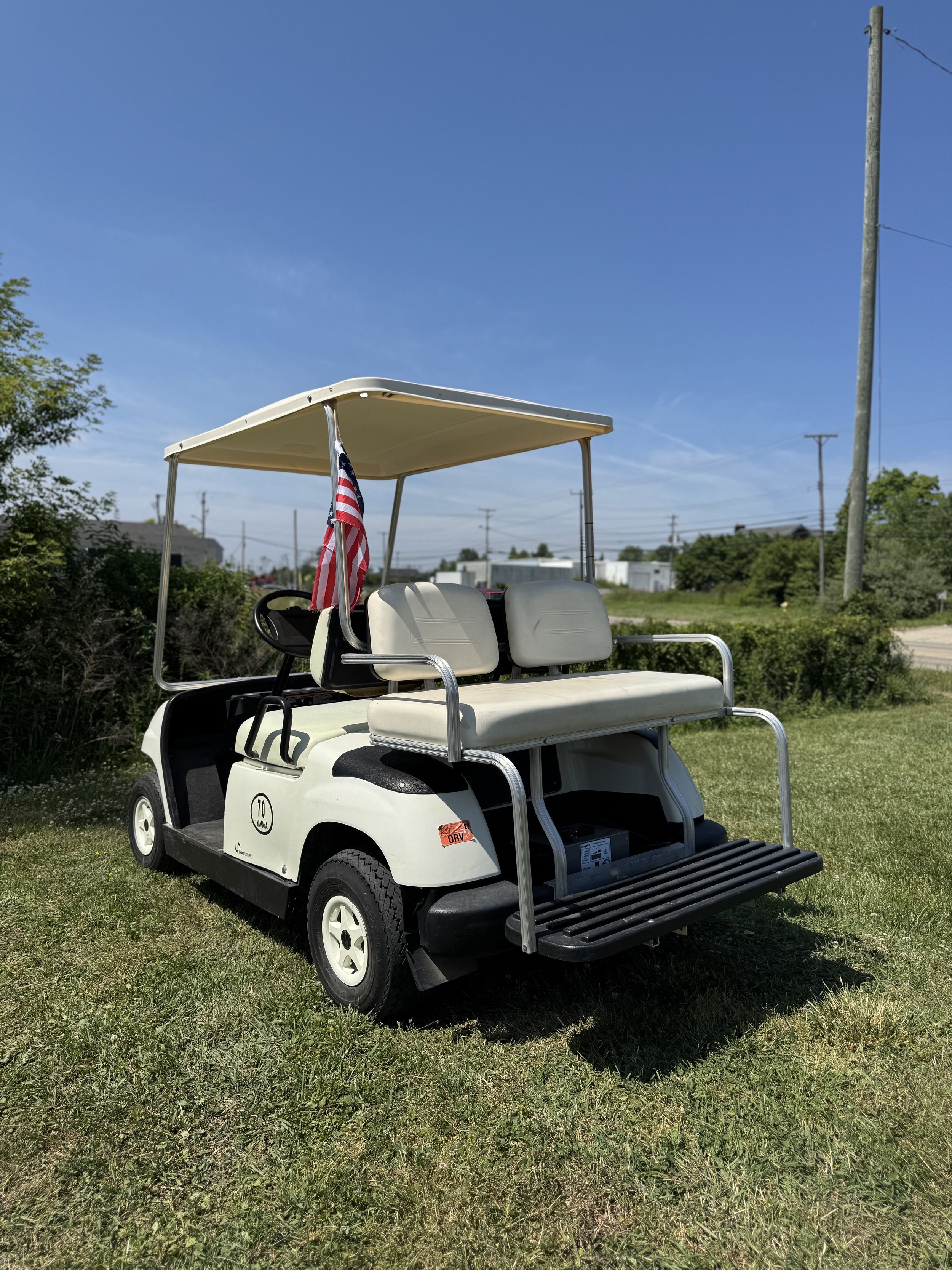 White golf cart with beige seats, parked on grass under a clear blue sky, featuring an American flag attached to it.