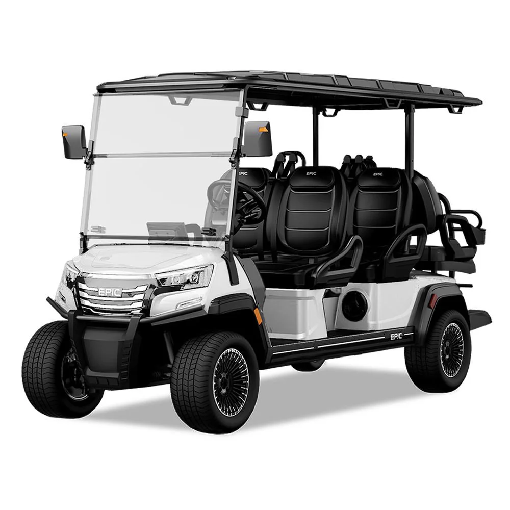 Light-colored electric golf cart with four seats, a beige canopy, and black accents, on a plain white background.