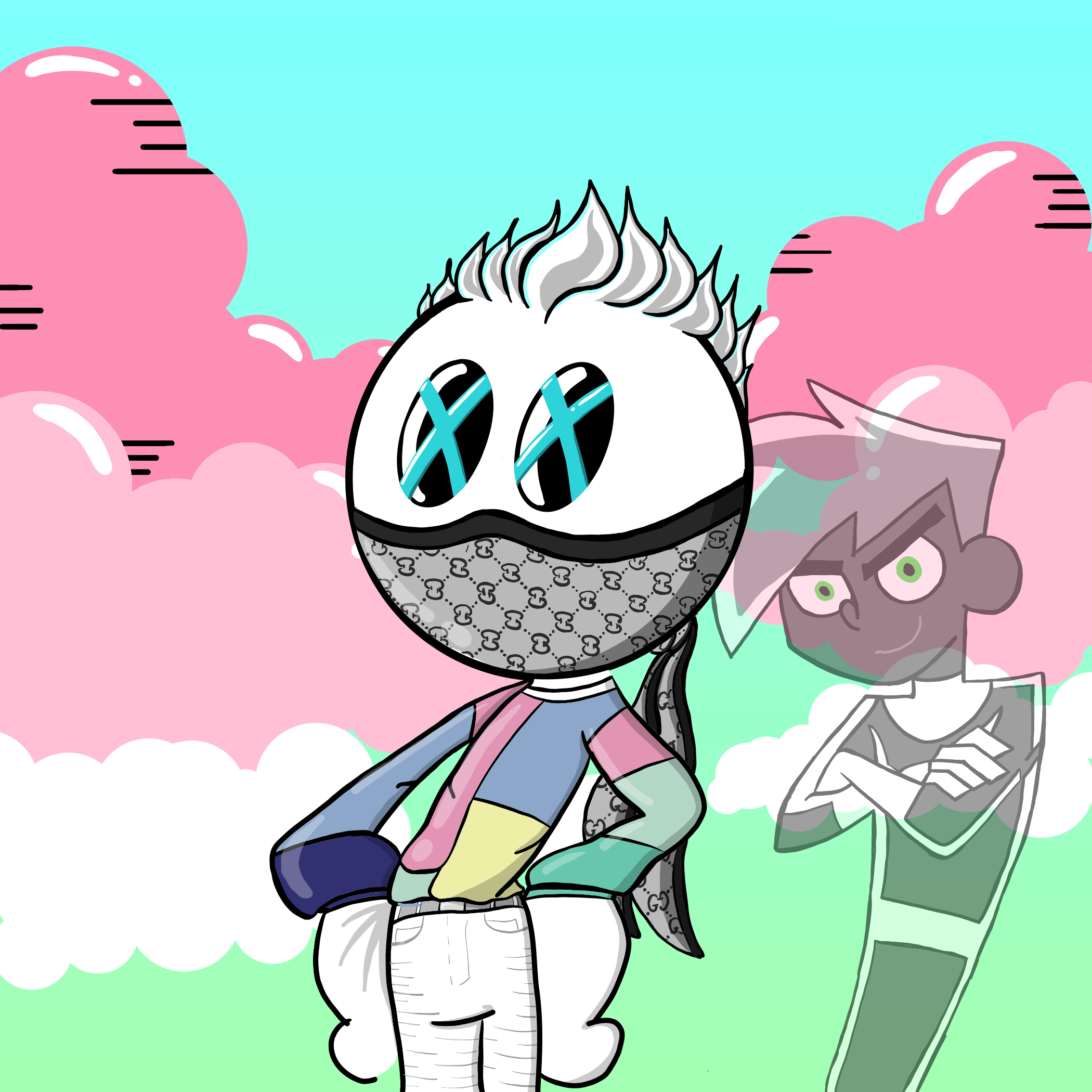 Cartoon character with a round head, X-shaped eyes, white spiky hair, wearing a colorful jacket and a patterned mask, standing confidently. Behind, another ghostly character with short hair and green eyes appears. The background is a pastel sky with