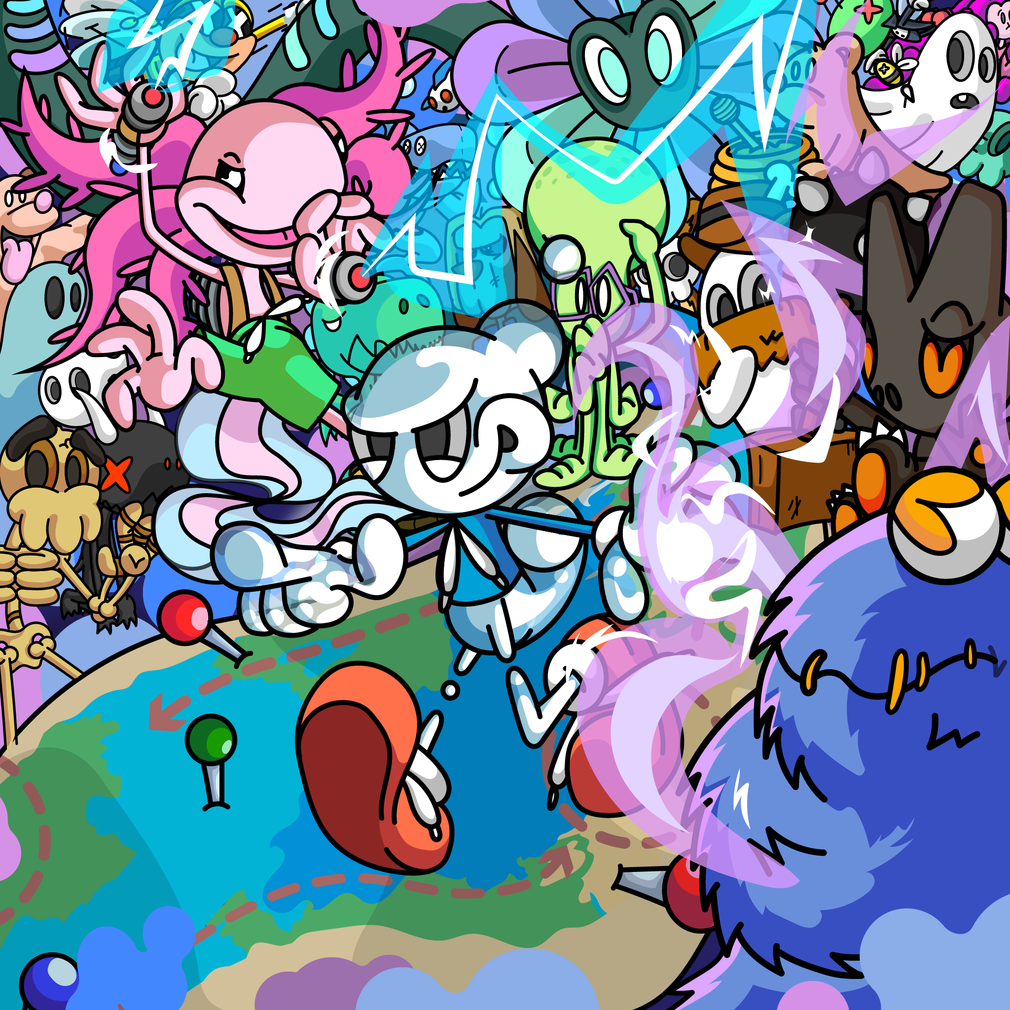 Colorful cartoon scene with various characters including a smiling skeleton, a pink creature, a blue furry creature, and a small egg-shaped character, all gathered around a miniature golf course with a hole and flags. Bright, vibrant, and playful style.