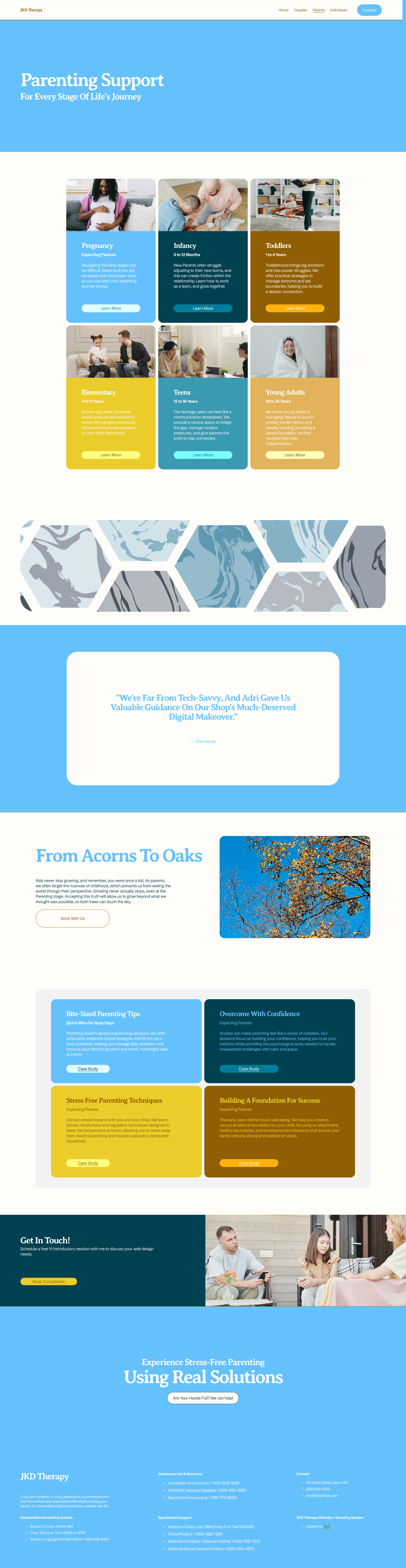 JKD Family Therapy parent support page, with clear service information and gentle natural colors.