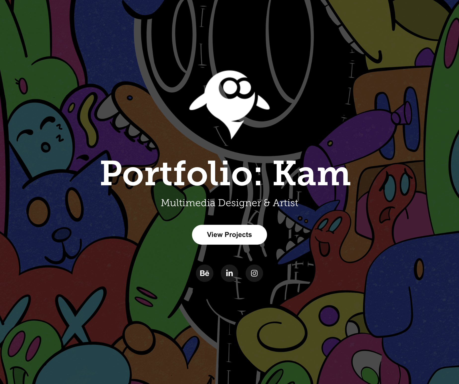 Colorful, abstract cartoon characters surround white text reading "Portfolio: Kam," with buttons for viewing projects and social media icons for Behance, LinkedIn, and Instagram.