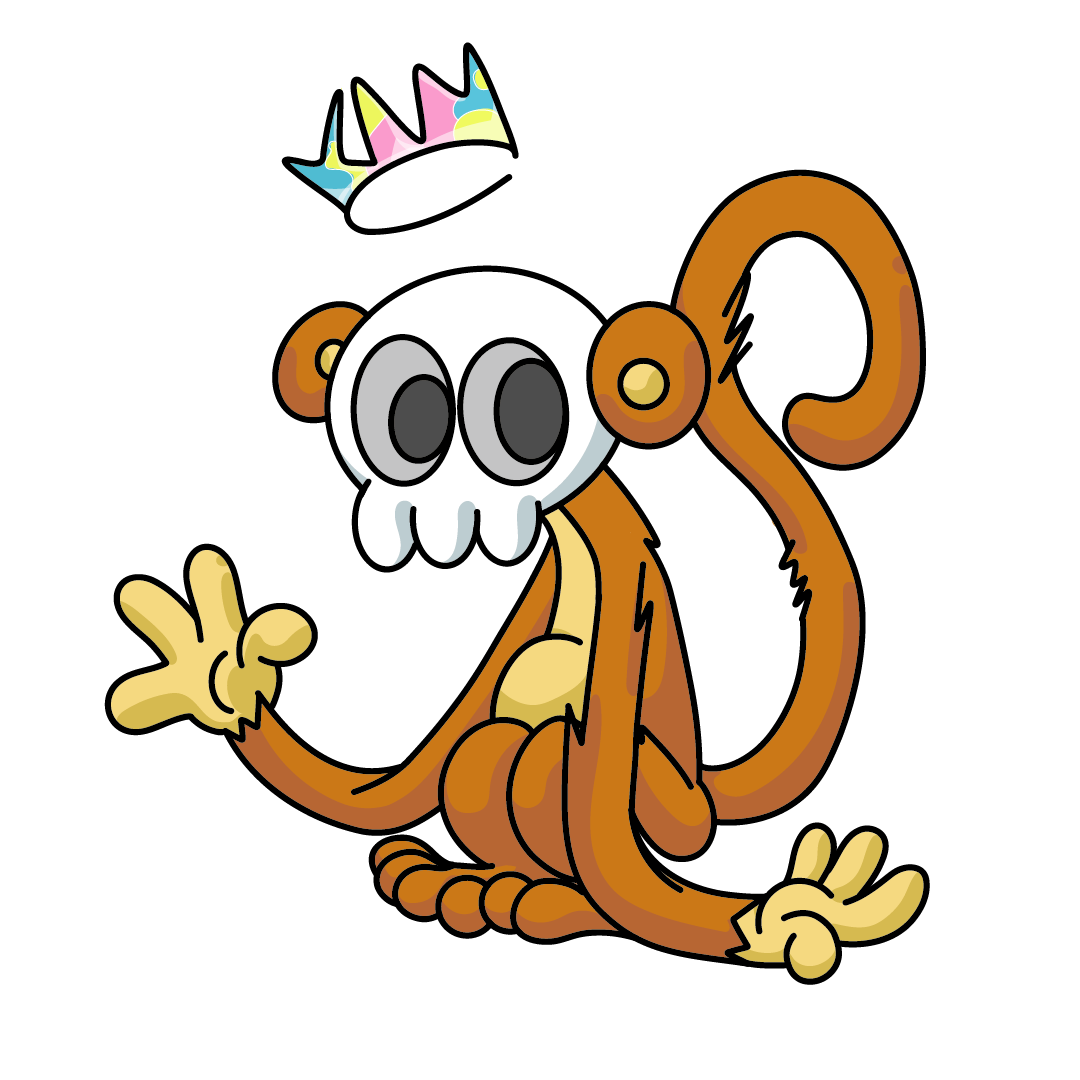 Illustration of a cartoon monkey with a skull mask and a floating crown above its head.