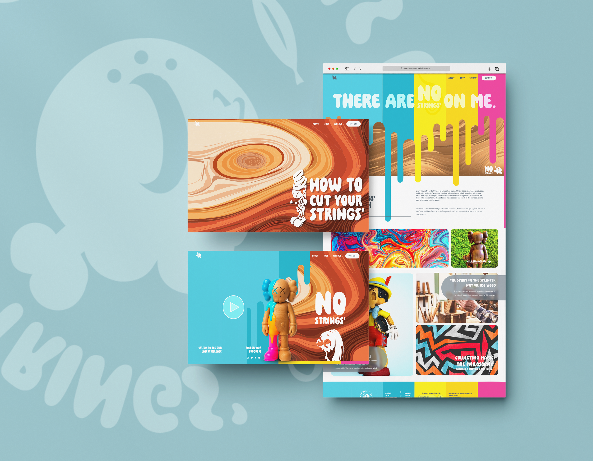 Collection of colorful web pages and promotional images related to No Strings brand, featuring playful graphics, toy figures, and artistic designs.
