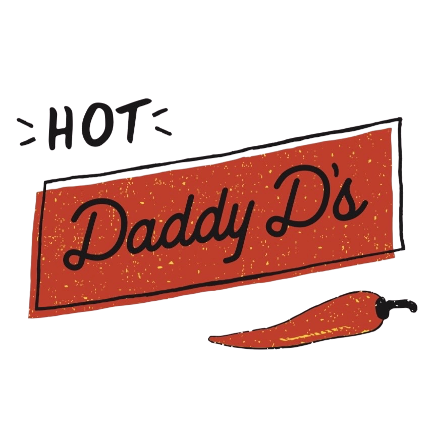 A sign with the word 'HOT' and a red background with the text 'Daddy D's' in black, and a chili pepper below the sign.