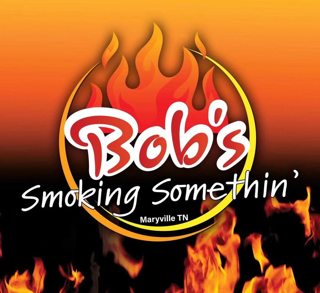 Logo for Bob's Smoking Something, featuring flames in the background and the location Maryville TN.