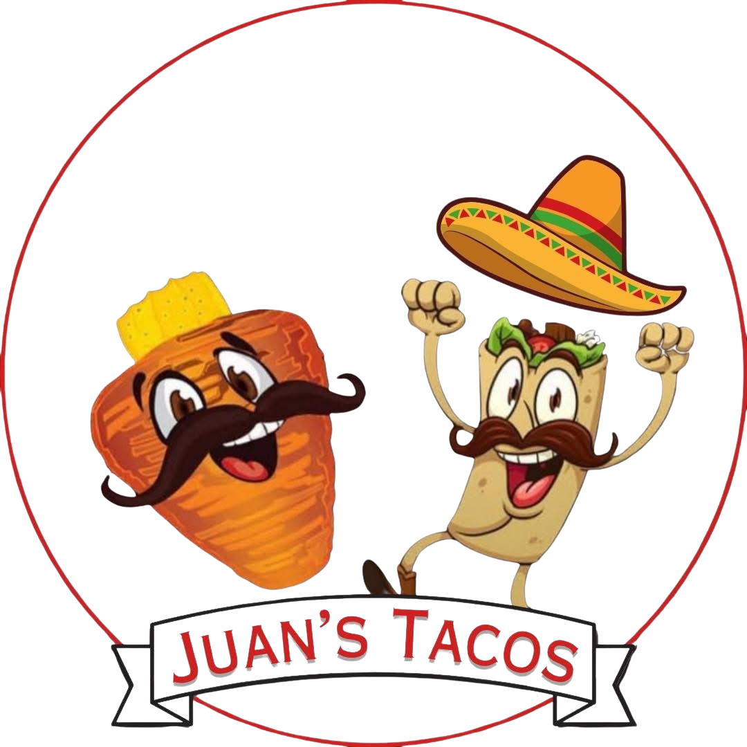 Cartoon characters of a taco with a mustache, hat, and upbeat expression, and a burrito with a mustache, sombrero, and joyful pose, with the text 'Juan's Tacos' at the bottom.