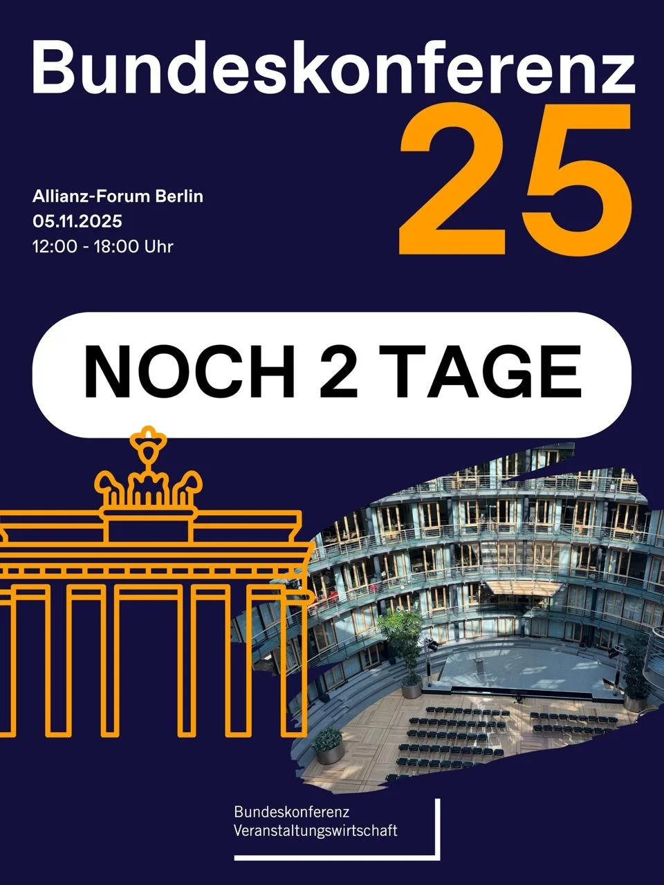 Nur noch 2 Tage bis zur Bundeskonferenz Veranstaltungswirtschaft 2025 📣

Veranstaltungsbranche, jetzt kommt es auf euch an ‼️

Am 5. November ist der Moment, um gemeinsam laut zu werden, sichtbar zu bleiben und die Weichen f&uuml;r die Zukunft zu st
