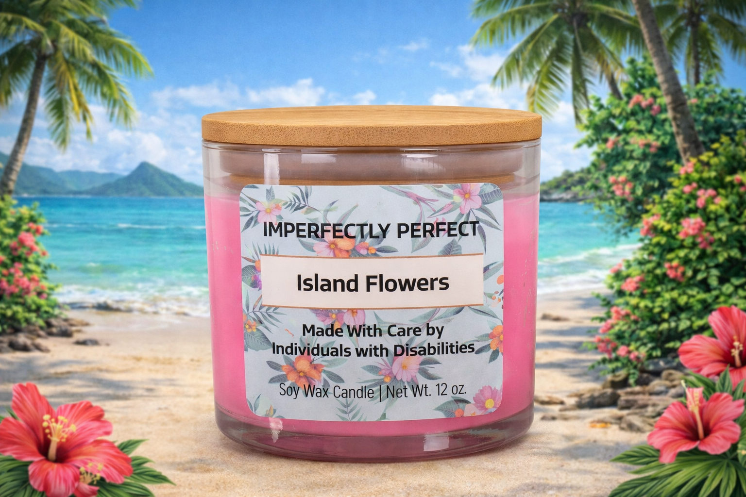 Island flowers candle on tropical beach.png