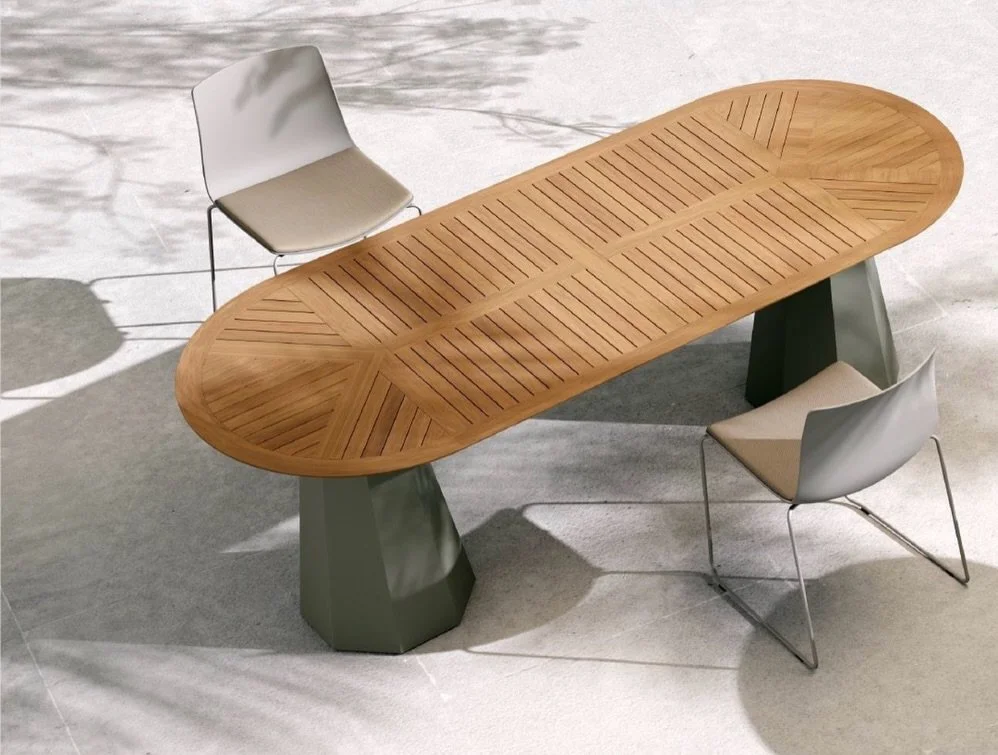 The Tori dining table stands out with its offbeat and sculptural silhouette &mdash; available for indoor or outdoor, and with rectangle or round top. 

#nuansdesign #linkedreps #tabledesign #patiotable #patiodesign