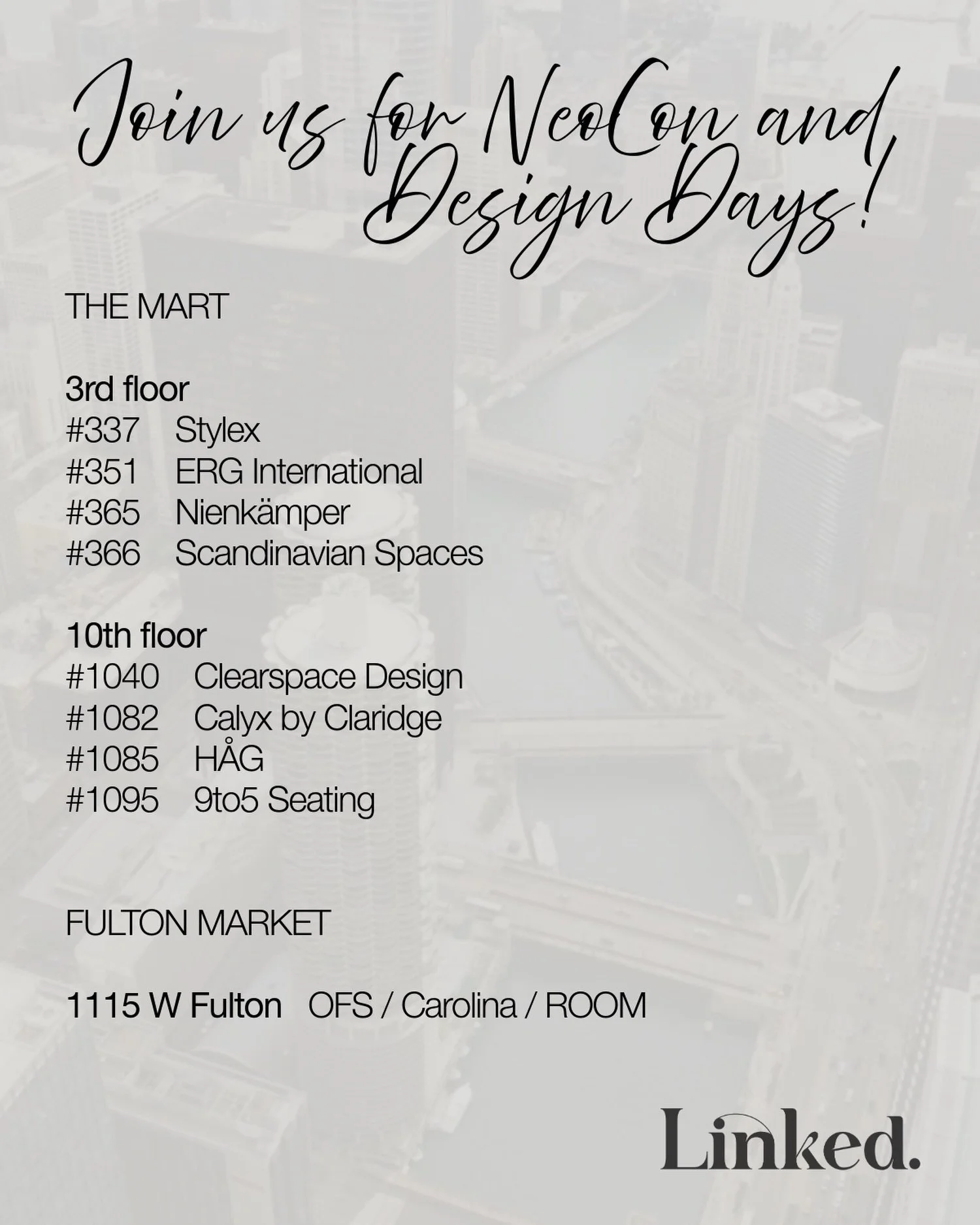 We are looking forward to Chicago! Here&rsquo;s where you can find us + our amazing manufacturer partners during NeoCon and Design Days. Let&rsquo;s meet up! 📍✨

#linkedreps #neocon2026 #designdays2026 #chicagodesignweek #chicagotravels