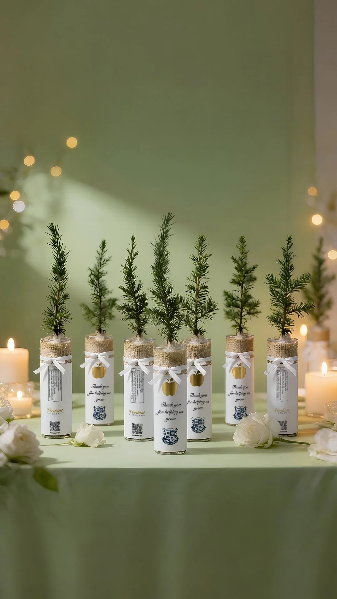 Mini Verdant Cedar seedlings in small acrylic cylinders with white tags and gold accents, styled with candles and roses for a refined Teacher’s Day gift by Terrazen.