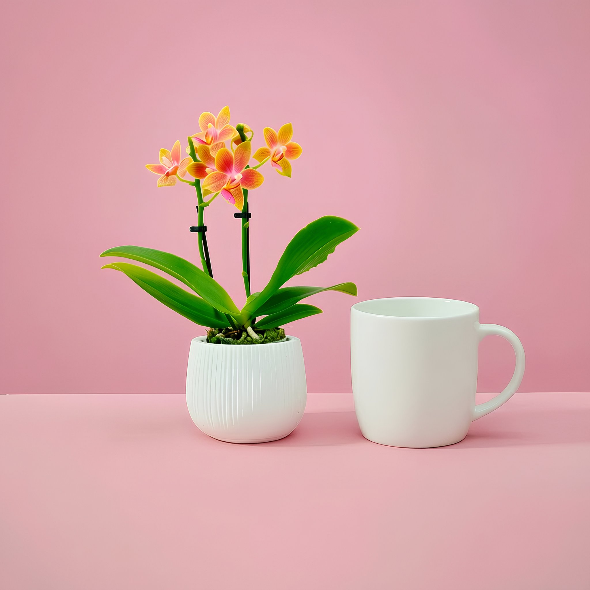 Terrazen SERENA Orchid – baby Phalaenopsis orchid in a white refined miniature pot on a soft pink background, elegant botanical gift for weddings and event favors.