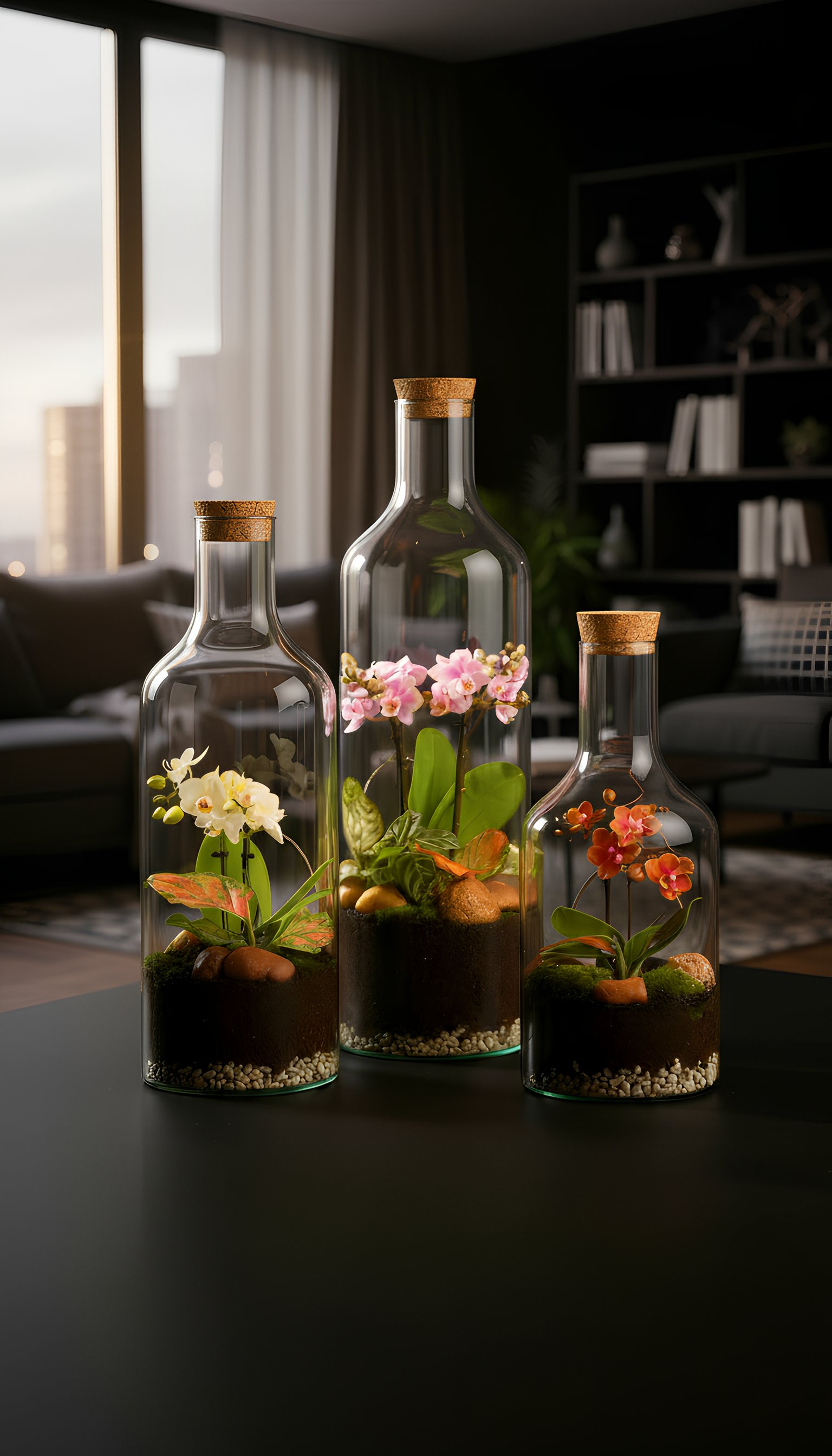 TERRAZEN ELEGANZA semi-open terrarium in glass bottle with baby orchid (Phalaenopsis orchid) and Calathea, shown in three sizes with customizable cork tops, modern indoor botanical decor.
