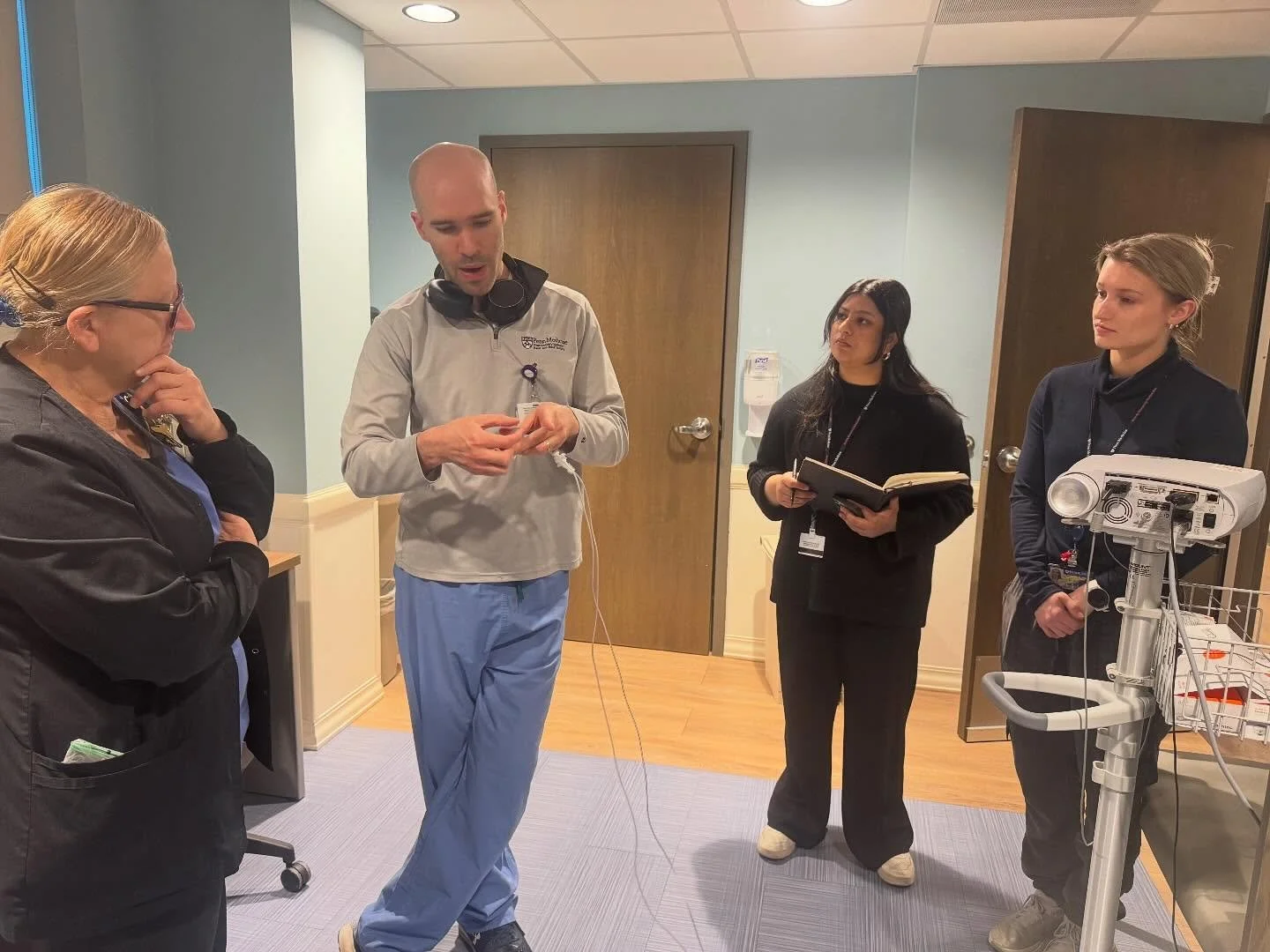 Tuesday 7a at Penn Sleep Surgery &mdash; Everett Seay RPSGT, research manager, leads our team in discussions with the Pennsylvania Hospital sleep lab to perform innovative measurements for our surgical patients