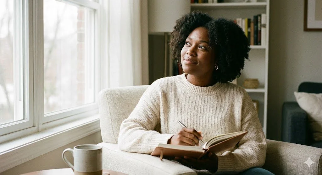 A thoughtful Black woman pausing to reflect and journal by a window, illustrating the journey from busyness to aligned living for professionals at The Rosetta Center in Sacramento, CA 95831