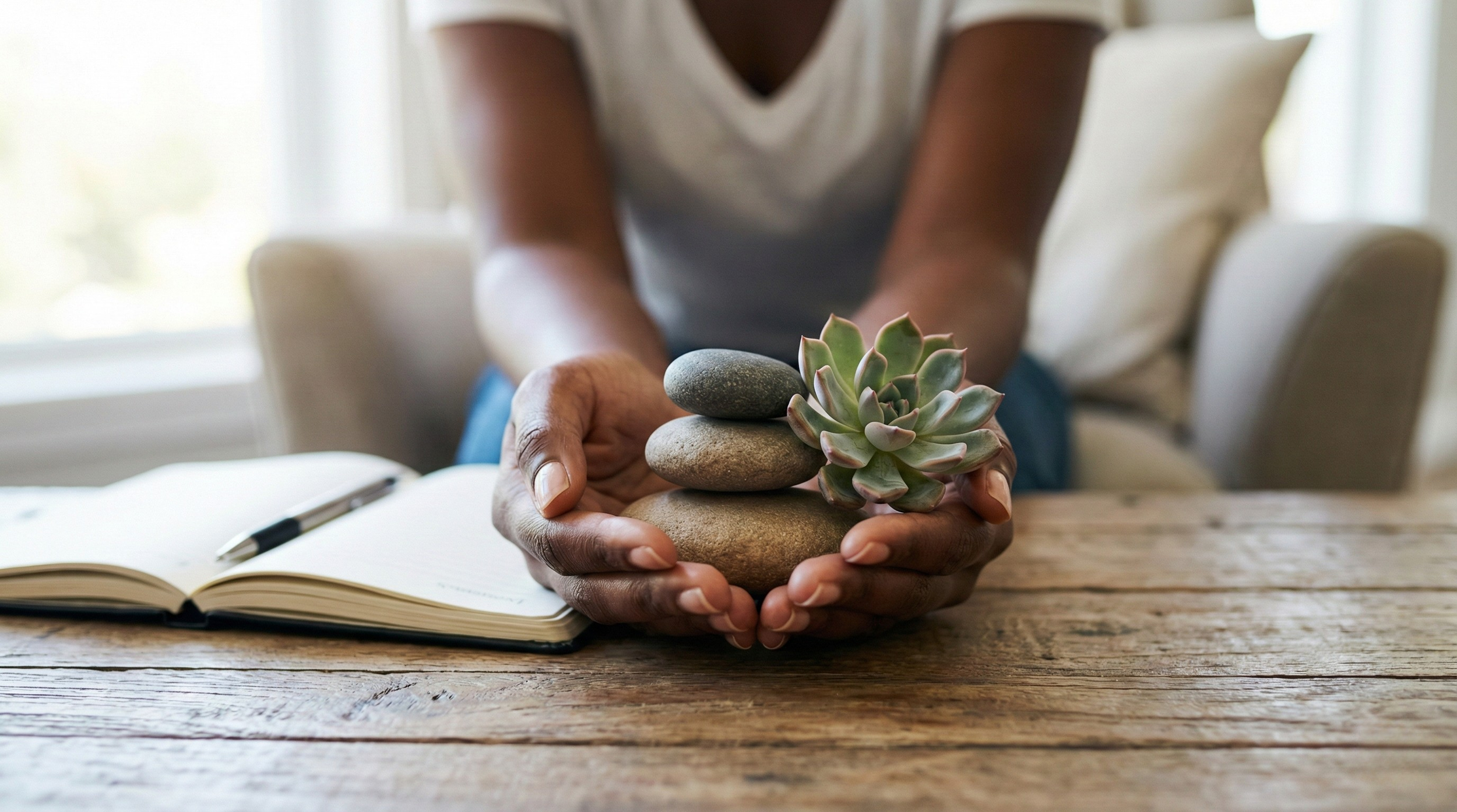 A close-up of a Black woman's hands holding balanced stones and a succulent plant, symbolizing the "Success & Sanity" approach practiced at The Rosetta Center in Sacramento, CA (95831)