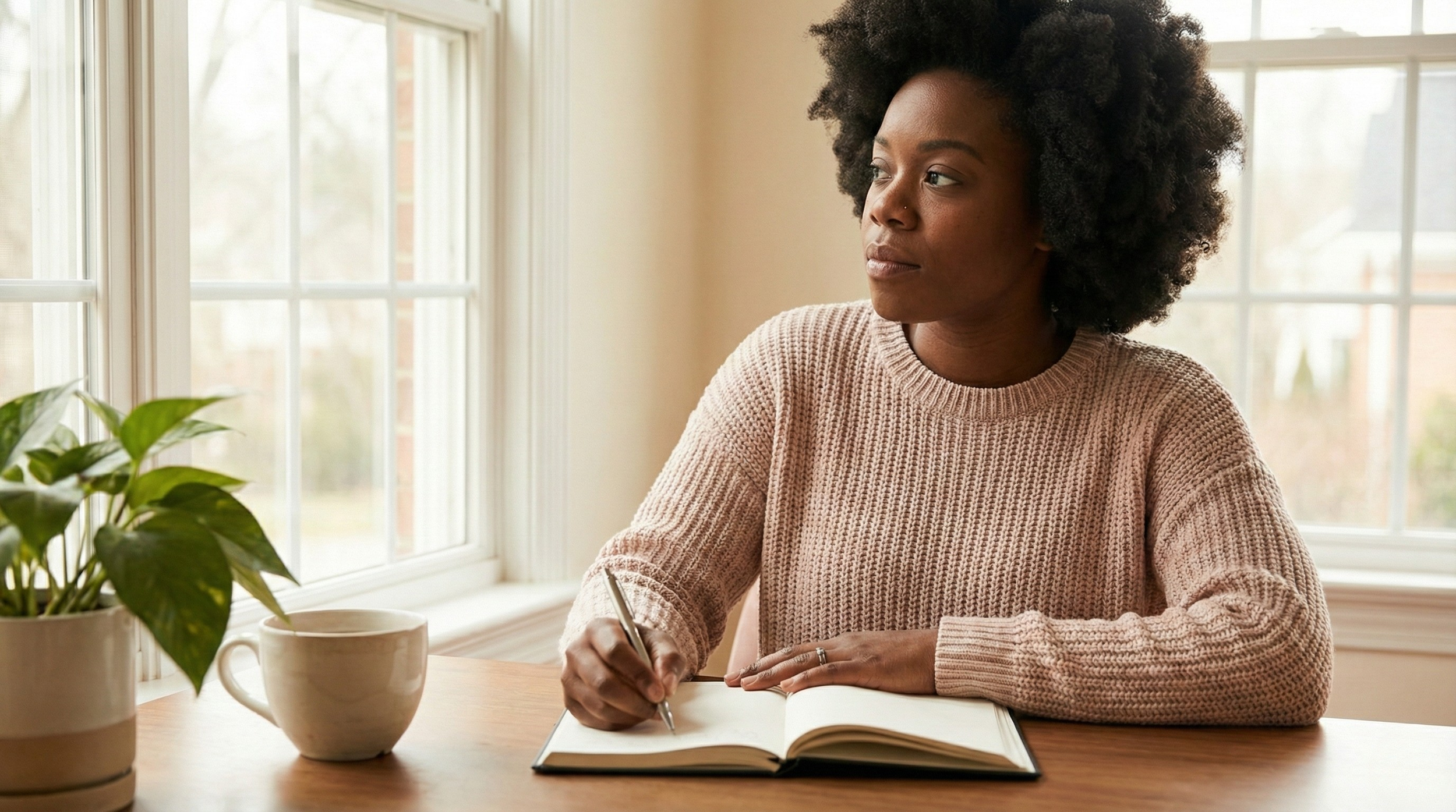 A professional Black woman writing in a journal and reflecting by a window, illustrating the process of finding alignment and setting boundaries through intentional choice.