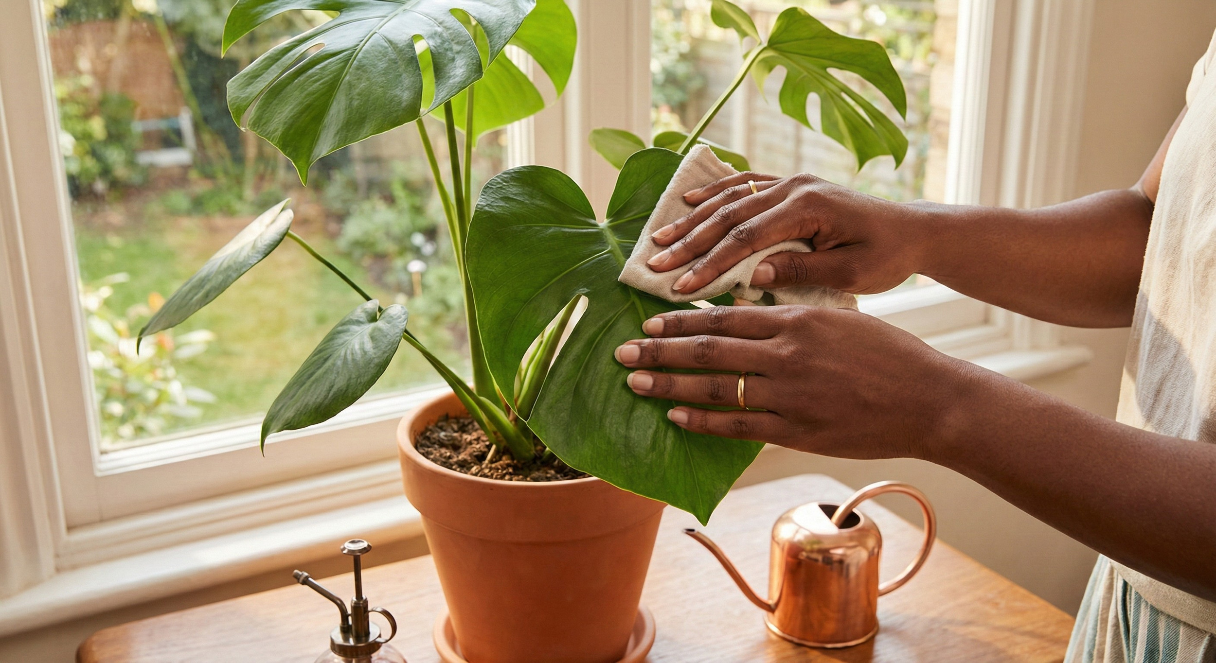 Close-up of a Black woman's hands gently wiping a lush green plant, symbolizing self-love as an active practice of care and sustainability for professional women in Sacramento, 95831.