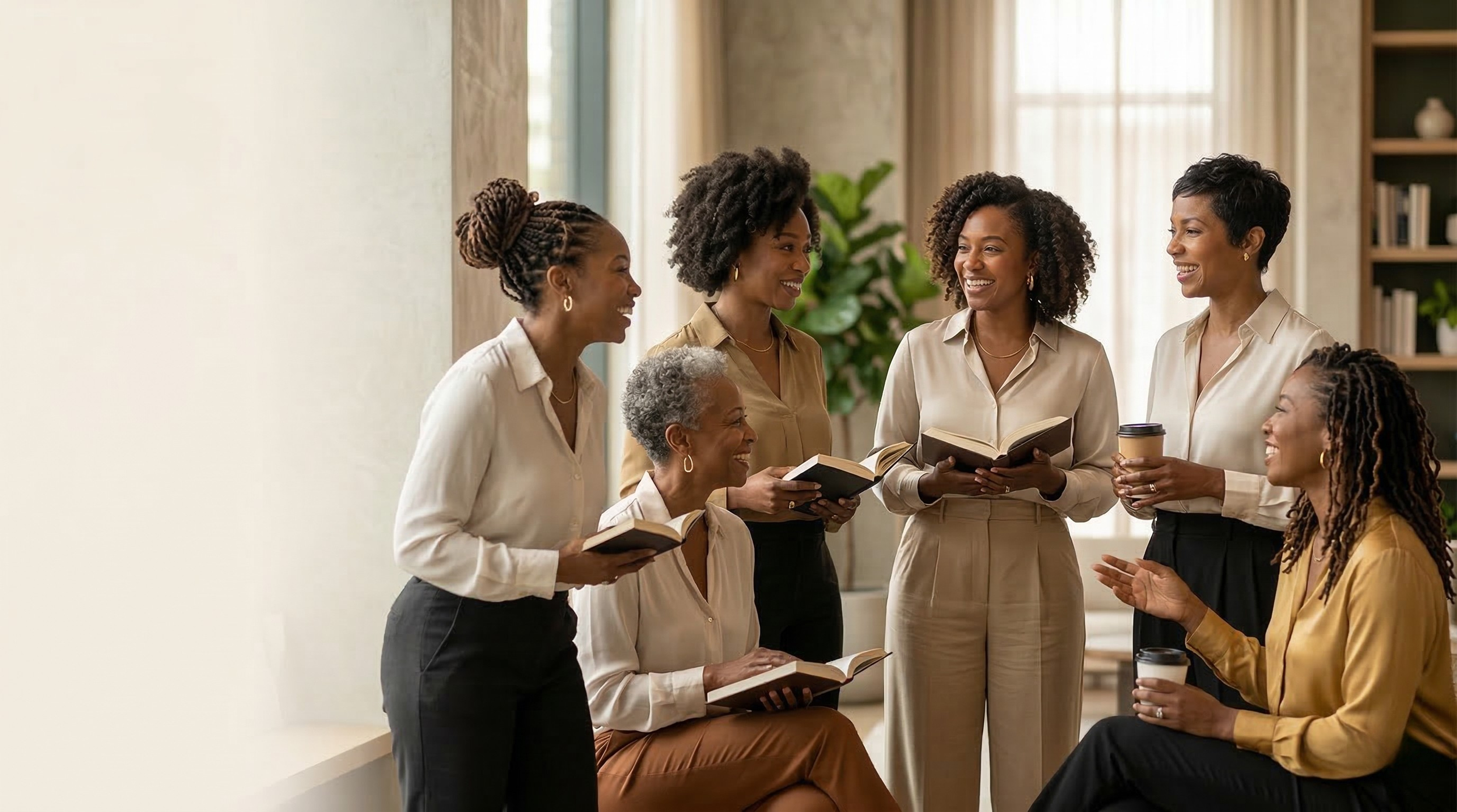 A supportive community of Black women professionals gathering in a sunlit room for International Women's Day.