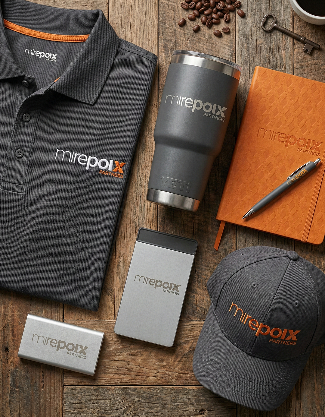 Collection of branded items including a polo shirt, a tumbler, a notebook, a pen, a baseball cap, an external hard drive, and a coffee mug, all with 'Mirepoix Partners' logo.