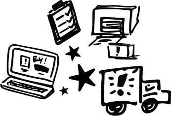 Outline sketches of a laptop, documents, a smartphone, and a tablet on a black background