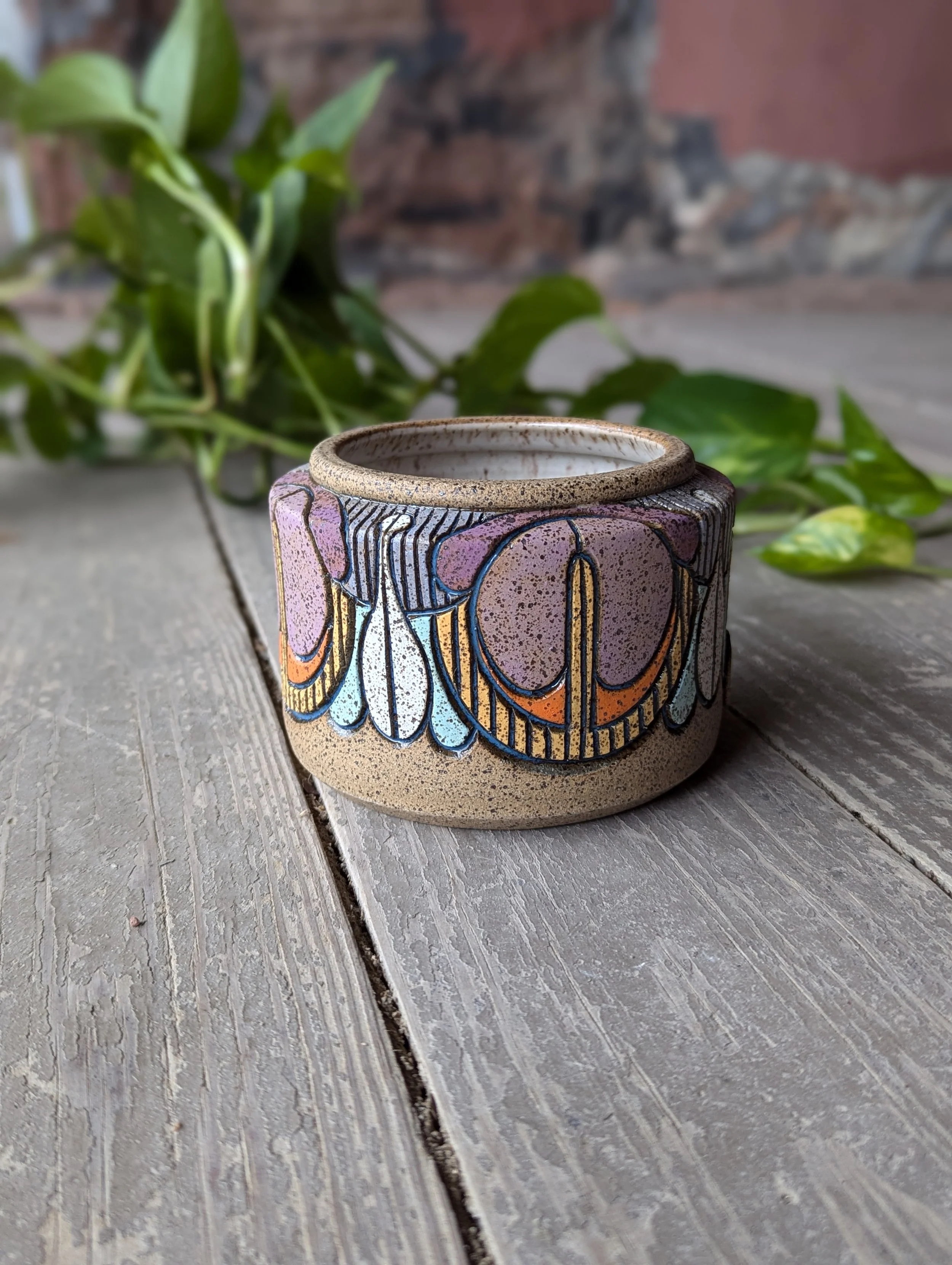 Decorative ceramic pot with intricate multicolored pattern, placed on a weathered wooden surface with green leafy plants in the background.