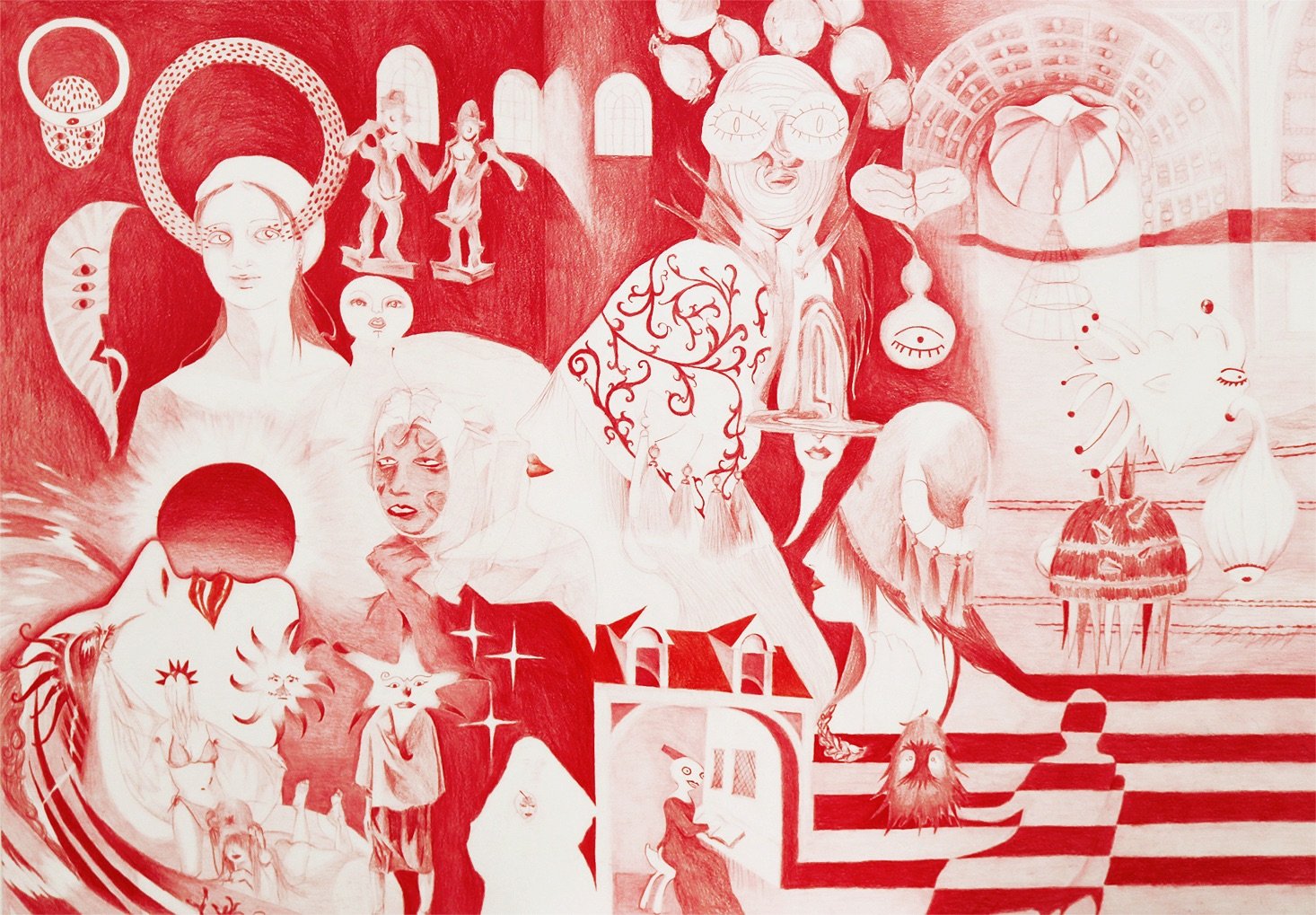 At the End of Sight, 2021, Red Pencil on Paper mounted on Aluminium, 80 x 58cm