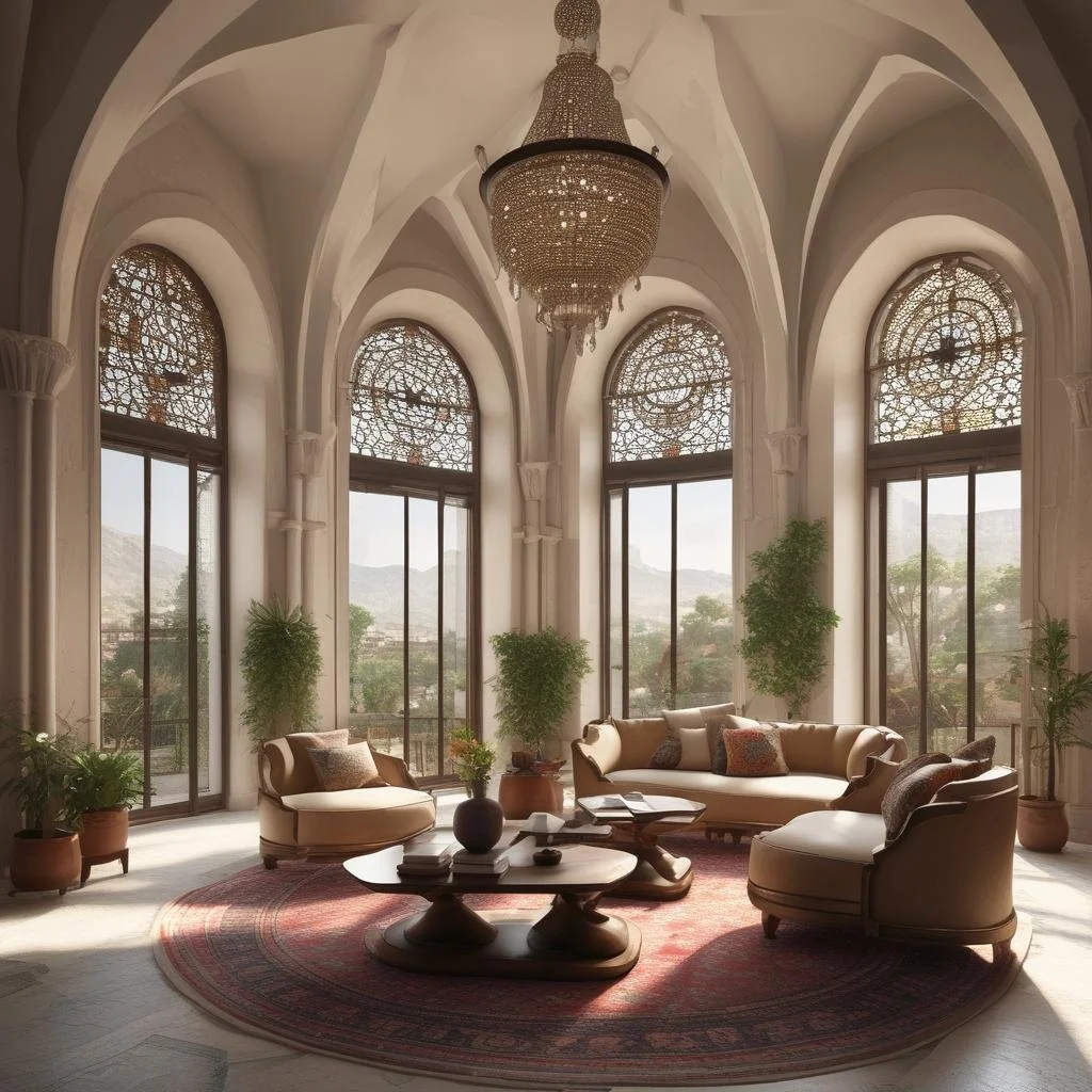 Luxurious living room with high vaulted ceilings, large windows with intricate ironwork, a grand chandelier, beige sofas with cushions, potted plants, a round coffee table, and a Persian rug.