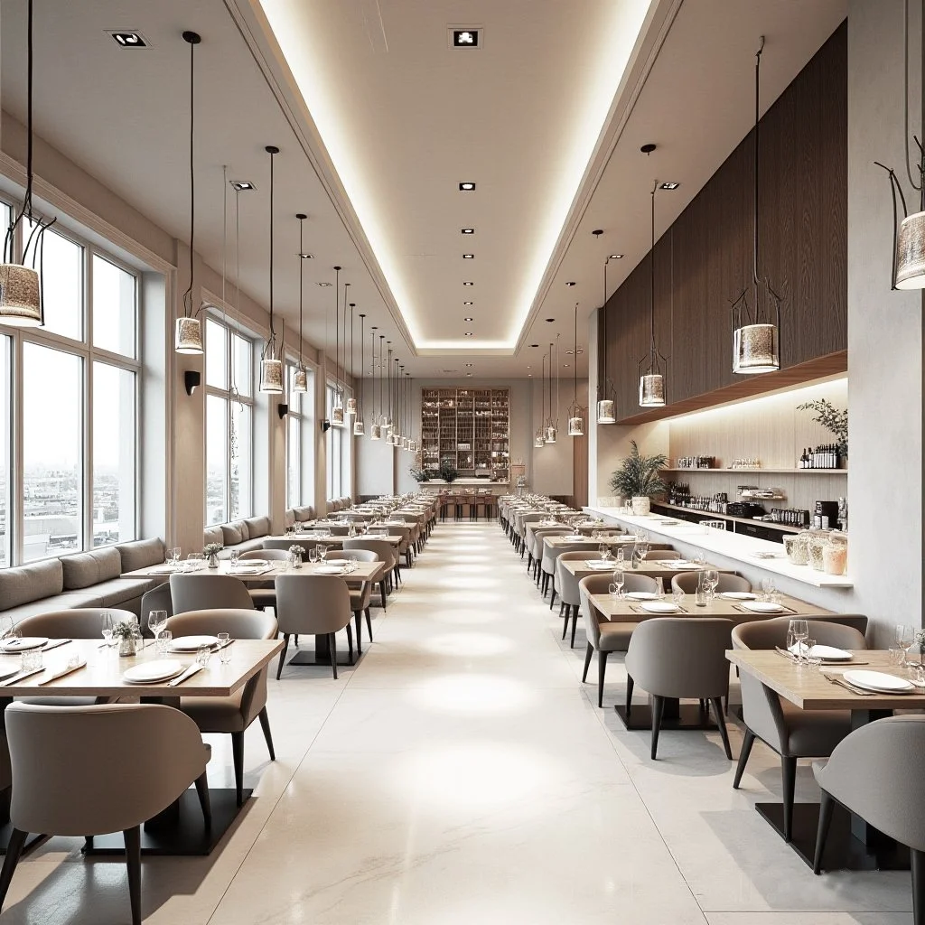 Elegant, modern restaurant interior with rows of tables set with white plates, wine glasses, and utensils. Large windows on the left side allow natural light to fill the space. Pendant lights hang from the ceiling, and a bar area with shelves is visible at the far end.