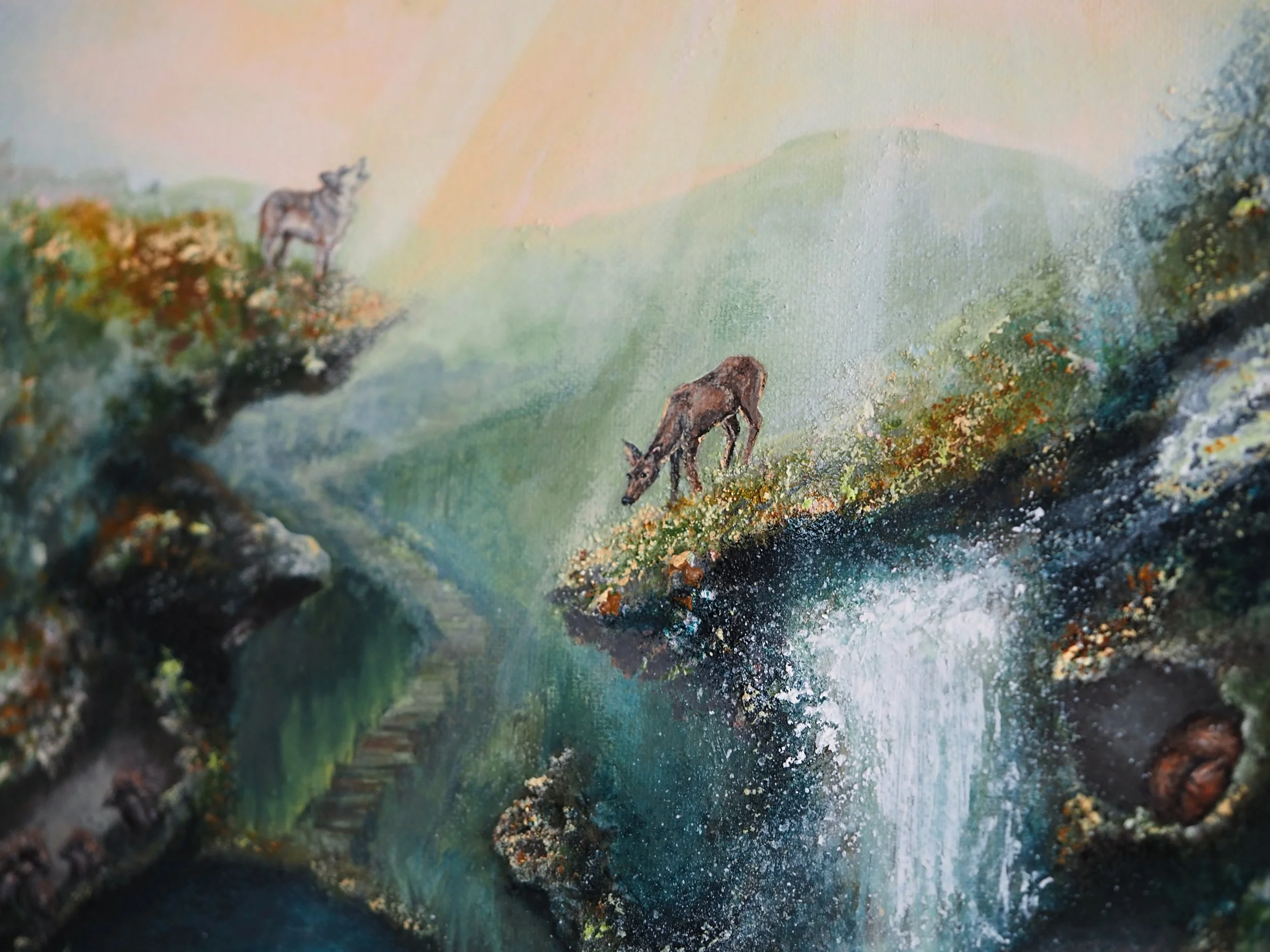 Landscape Painting Scenic Mountain Forest Deer Wolf Waterfall Texture Mixed Media Local Artist Wymondham Norfolk Sophia Cordelia Art.jpg