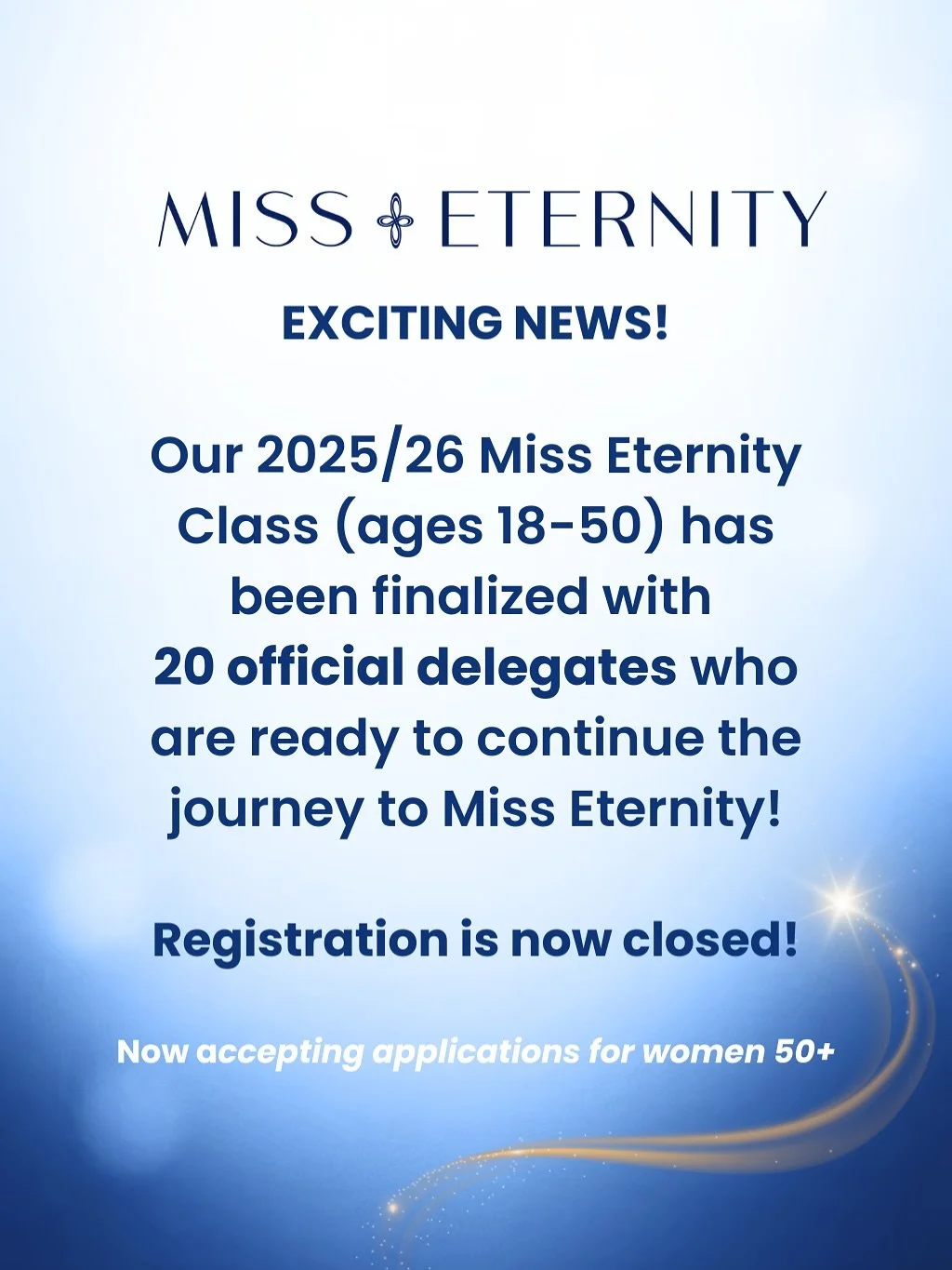 We have a FULL CLASS of 20 Amazing Delegates and we cannot wait to see them take on the Miss Eternity stage for God&rsquo;s glory next August!! Thank you to all our applicants, preliminary delegates, and sponsors! 🙌🏽 Please follow along and support