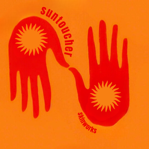 Red illustration of two hands, one with an extended finger touching the other, with sun-like shapes inside the palms. The words 'suntoucher' and 'skintworks' are curved around the hands.