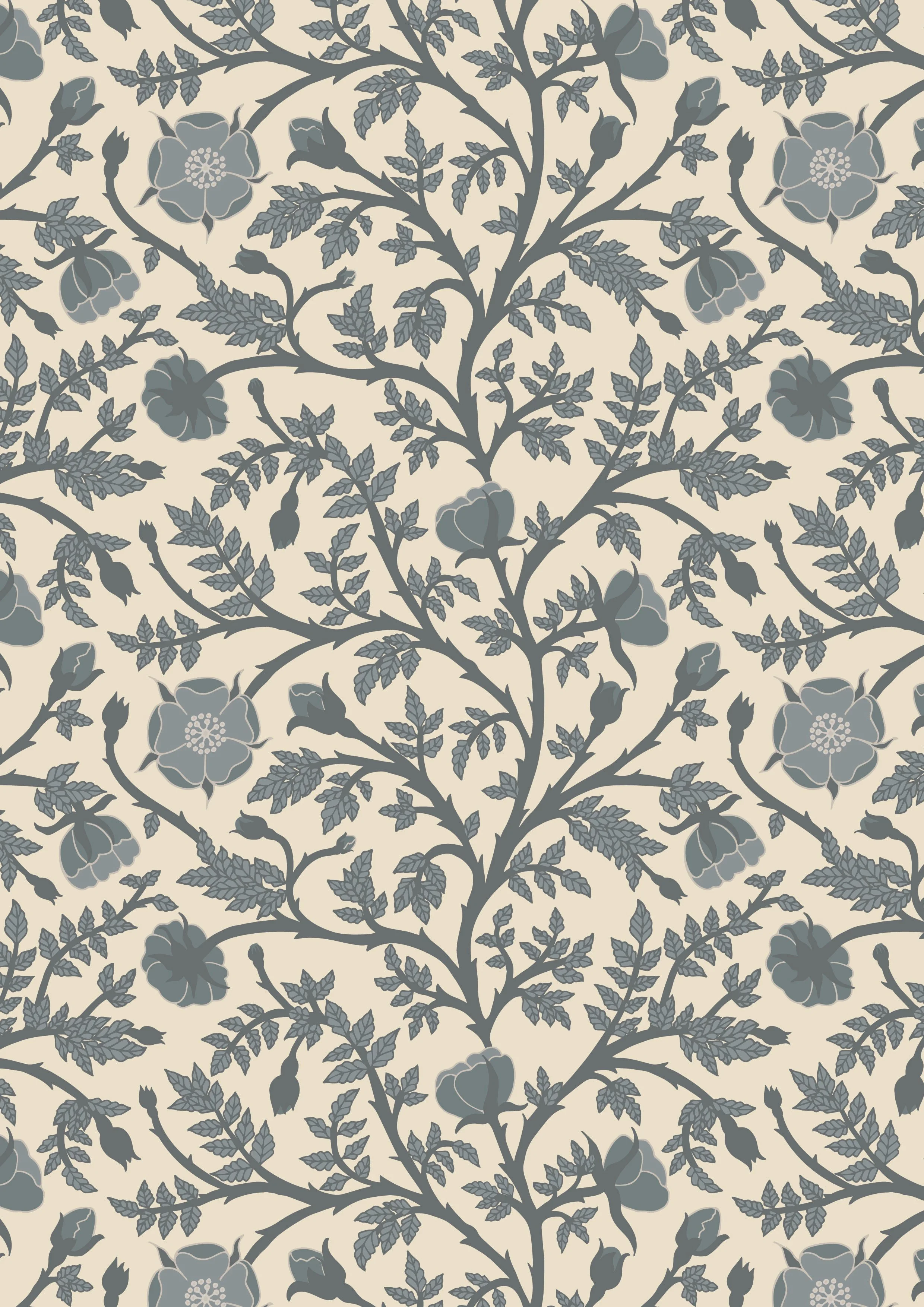 A seamless floral pattern with blue-gray flowers, buds, and leaves on a beige background.