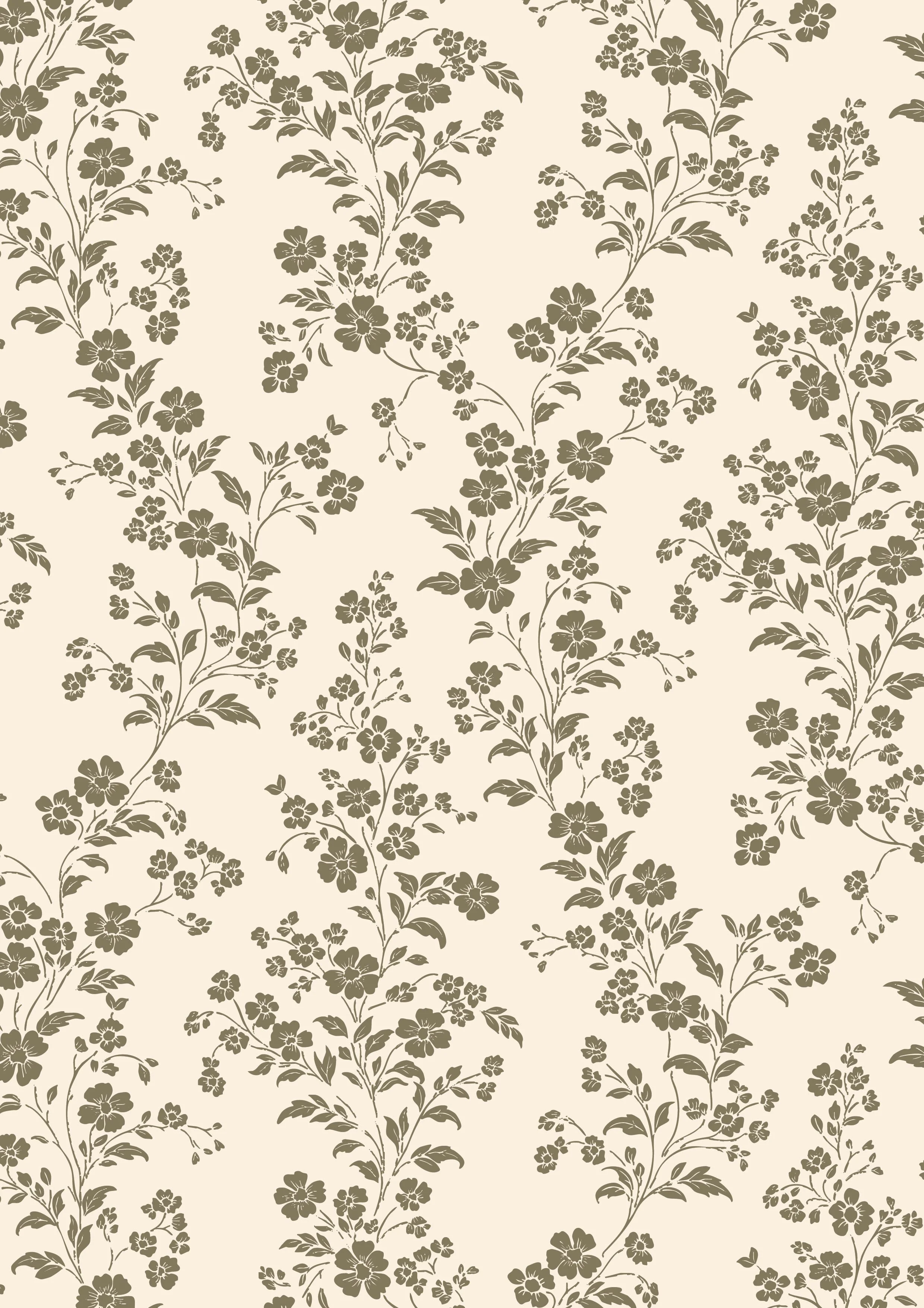 Beige wallpaper with dark grey floral pattern of small and large flowers and leaves, arranged in a repeating vertical design.