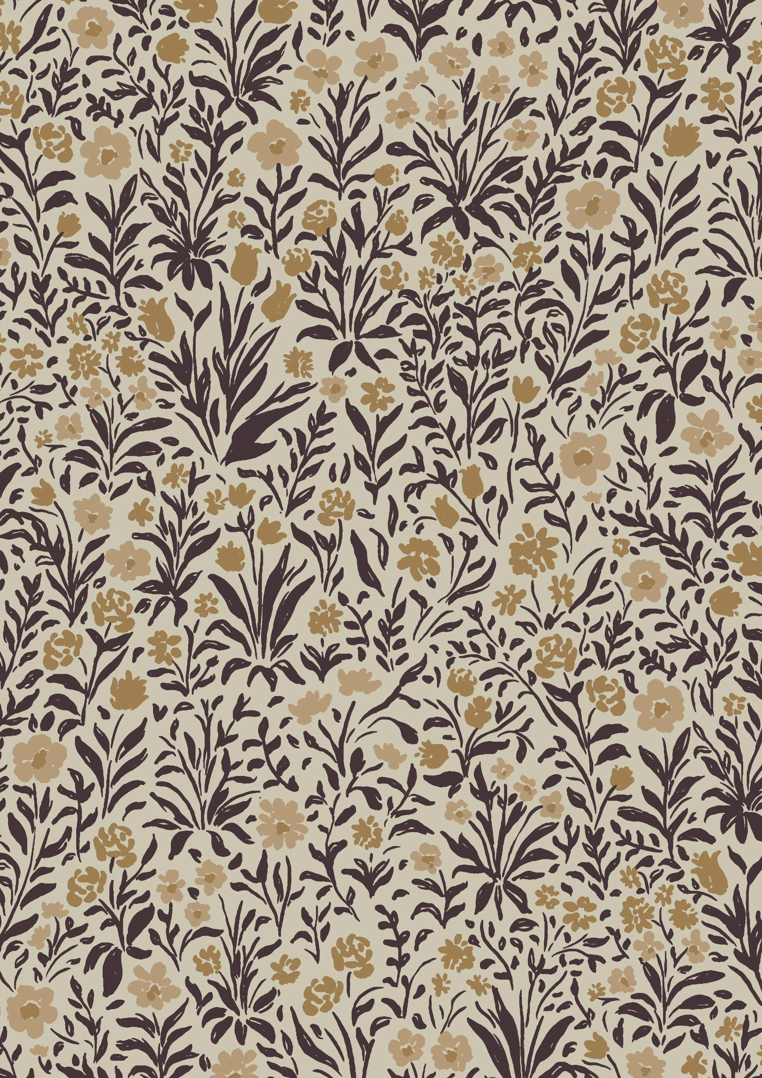A floral pattern with mustard, brown and beige flowers and leaves on a light background.