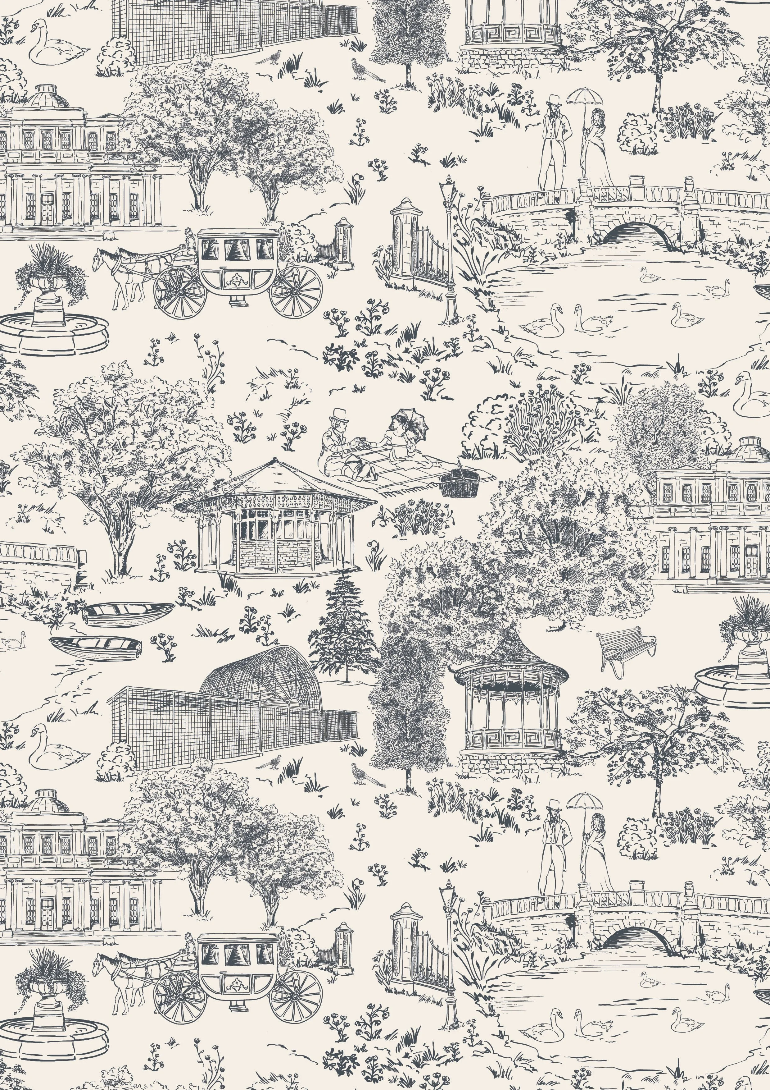 Pattern of a vintage park scene with trees, a pond with ducks, a bridge, a horse-drawn carriage, gazebos, and couples walking or sitting with umbrellas.