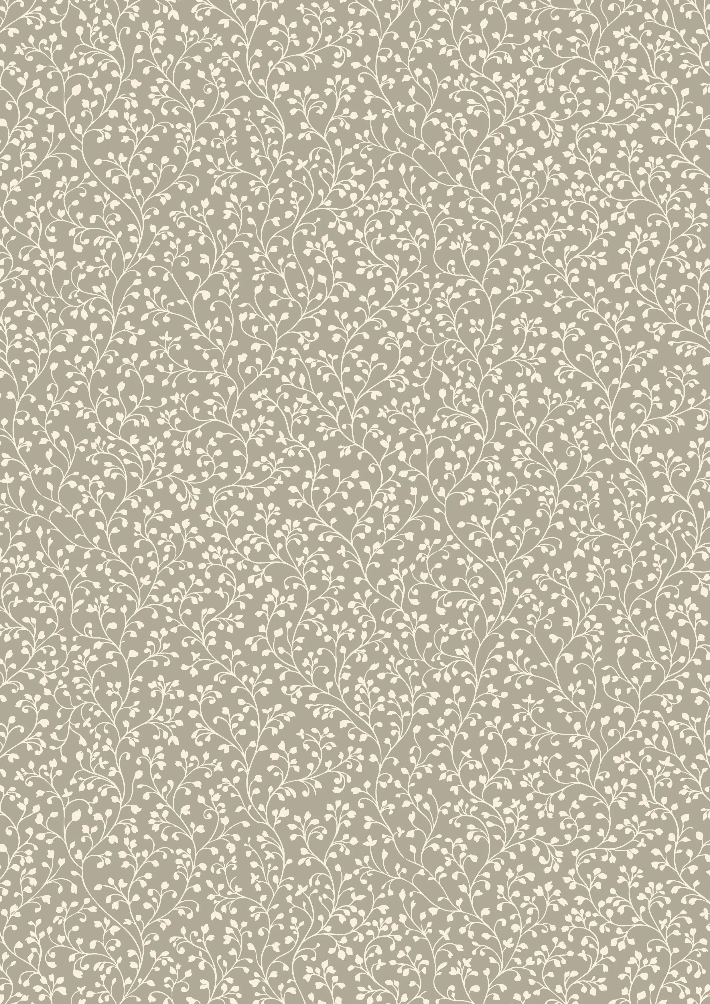 A beige wallpaper featuring a white floral vine pattern with small leaves.