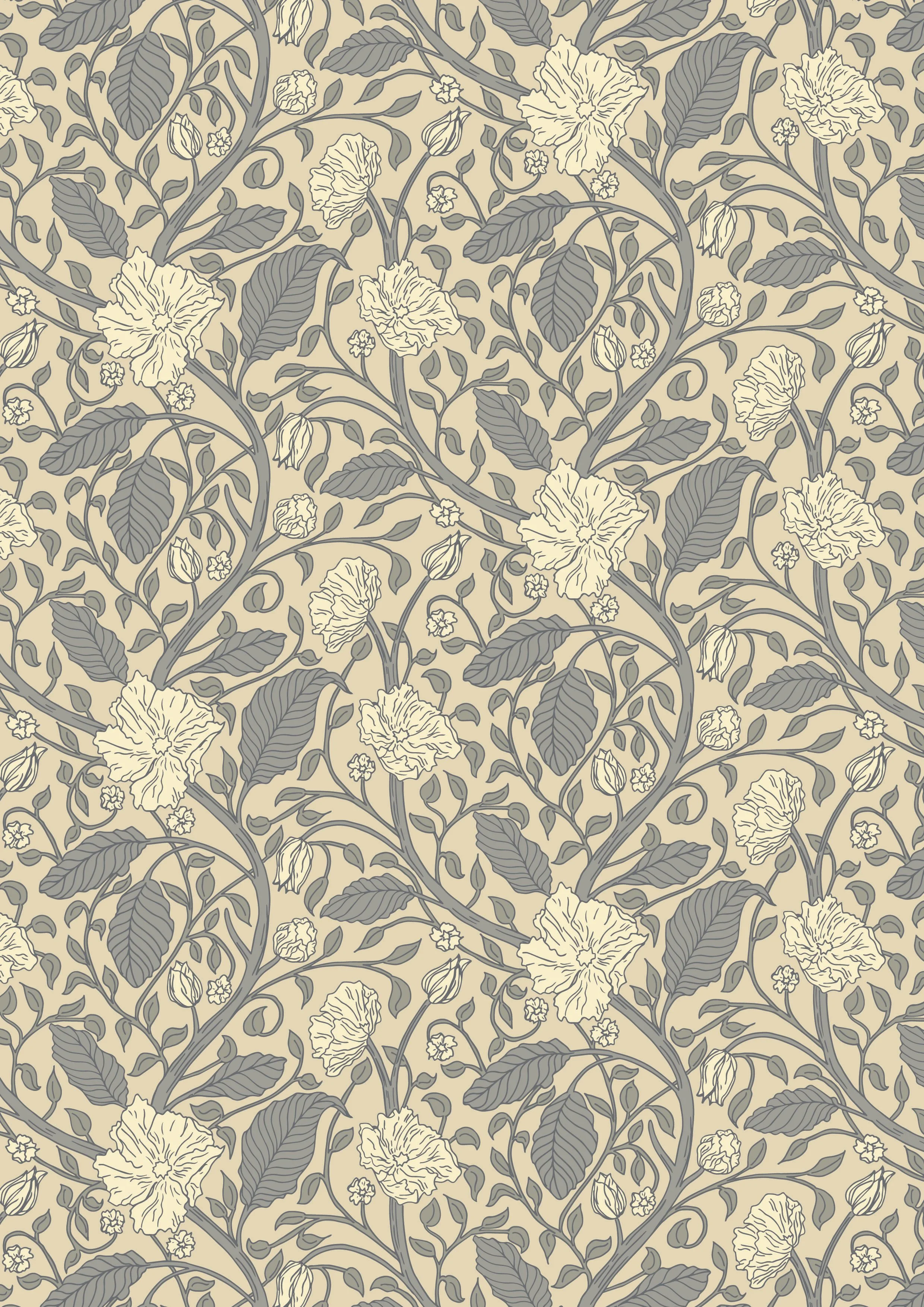 Vintage trailing floral pattern with beige background, cream flowers, and gray leaves and stems.