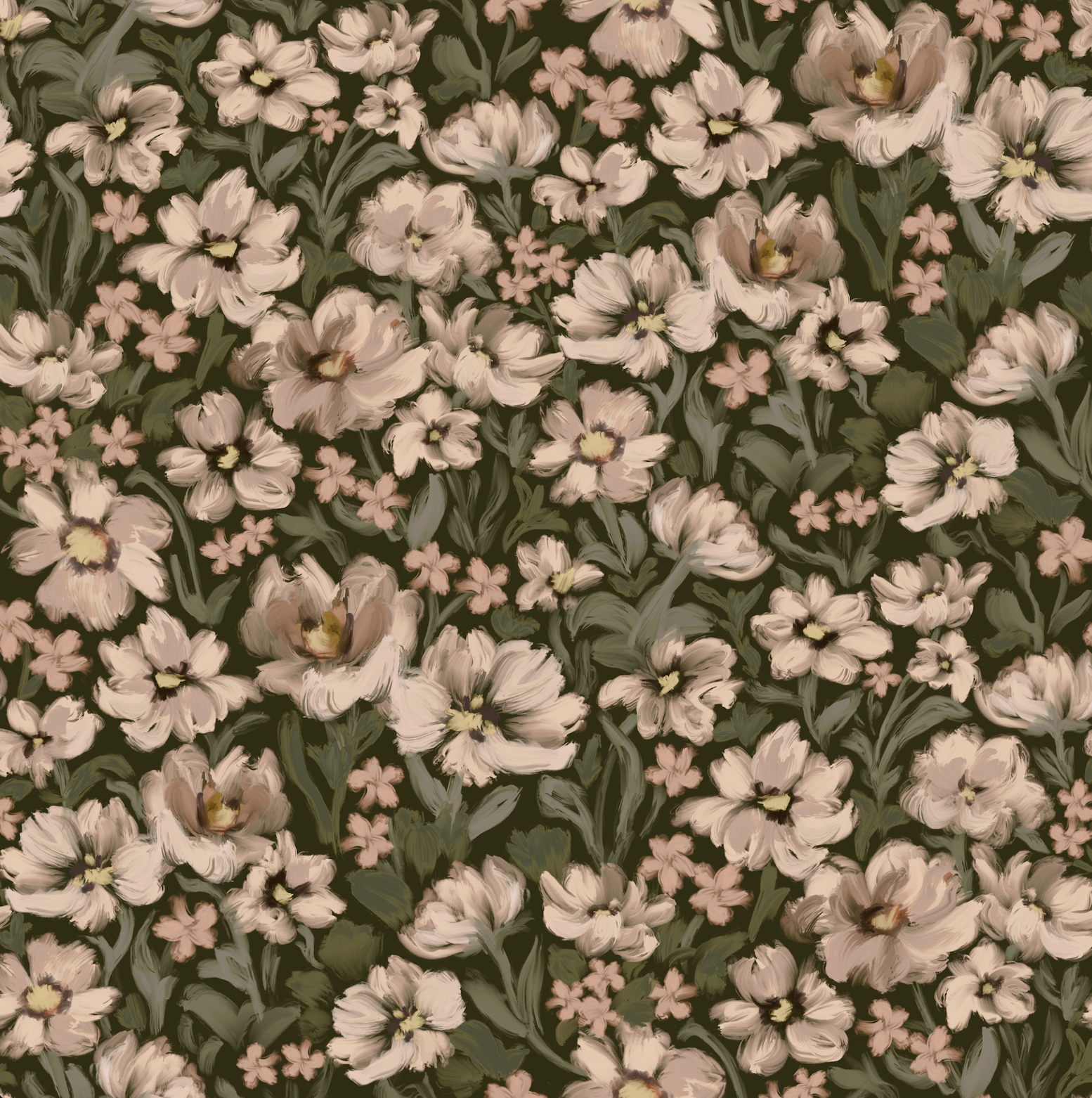 A painterly floral pattern of soft peach and cream-colored flowers with dark centers, interspersed with small pink blossoms and green leaves.
