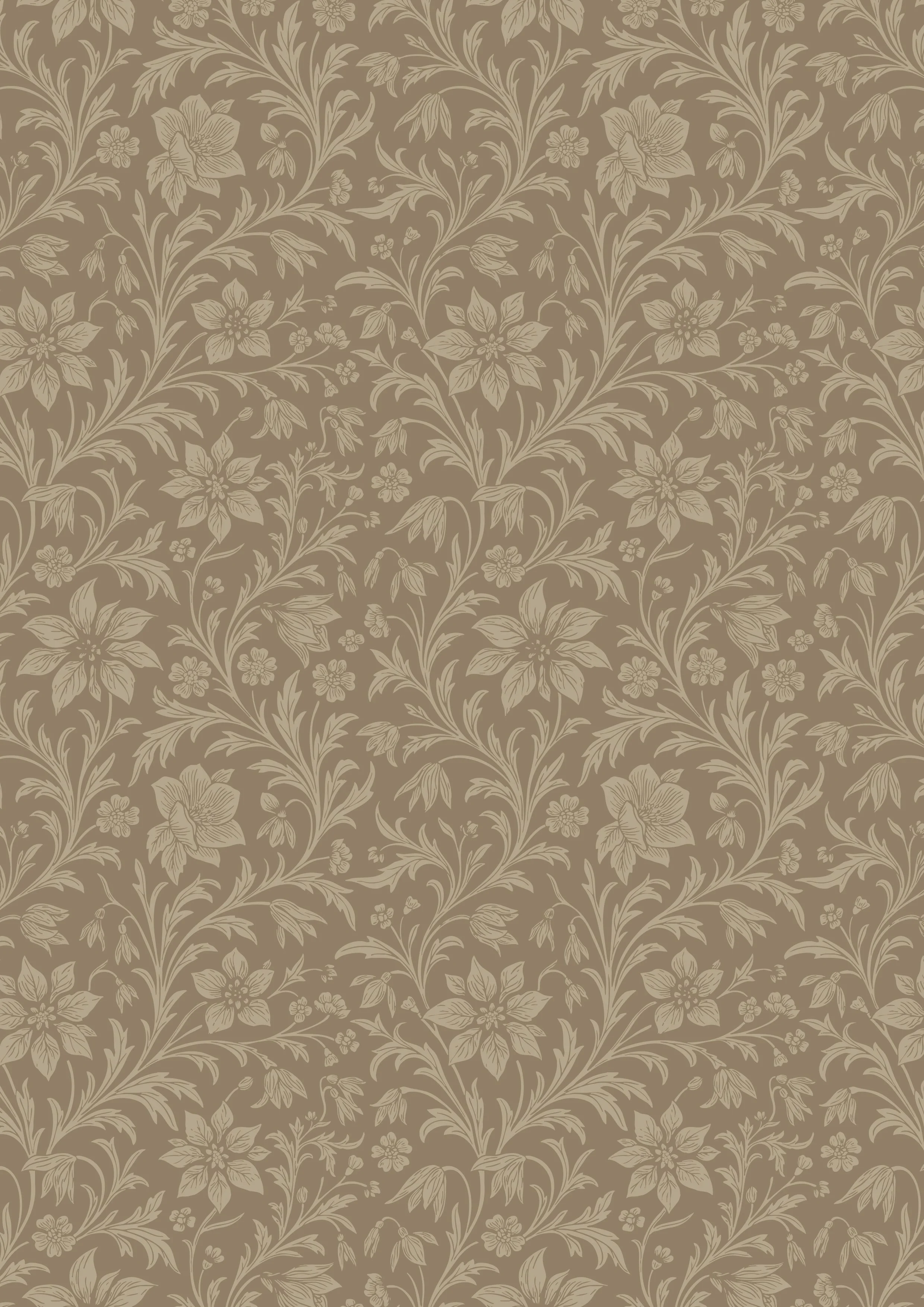 A floral pattern with beige and light tan colors, featuring detailed winter wildflowers and leafy vines.