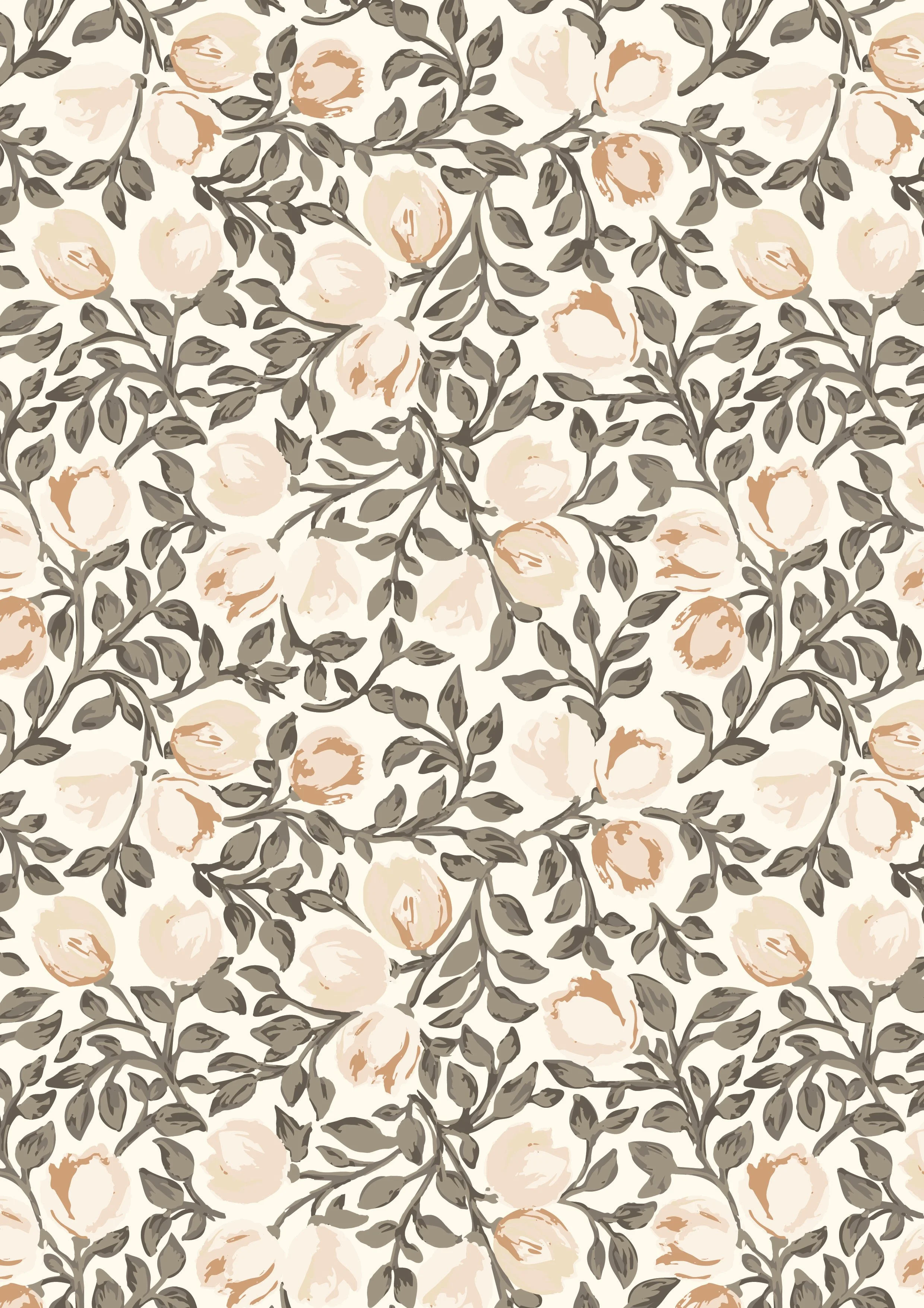 A floral pattern with neutral flowers, green foliage and vines on a light background.
