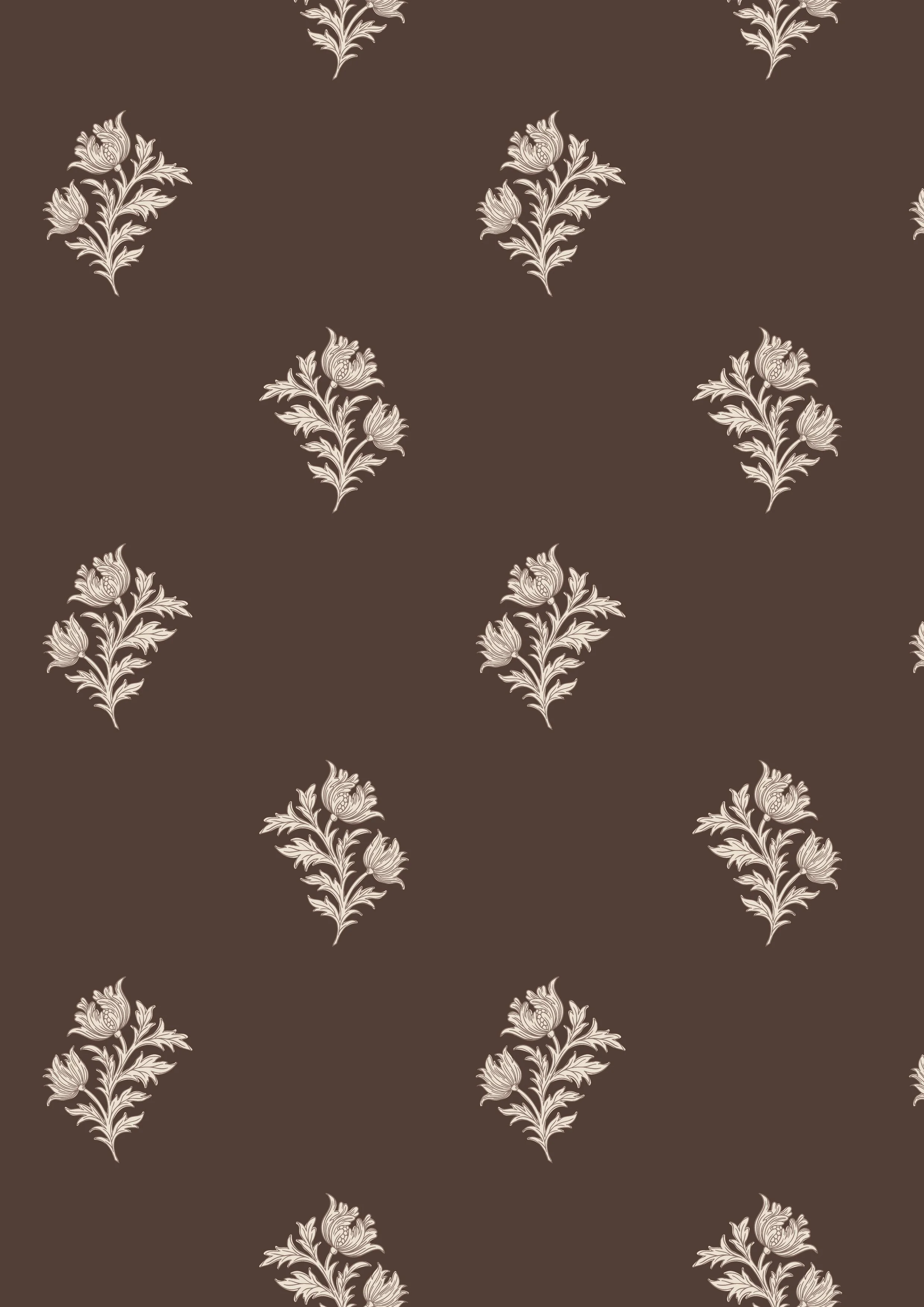 A brown wallpaper with a repeating pattern of cream-colored floral motifs.