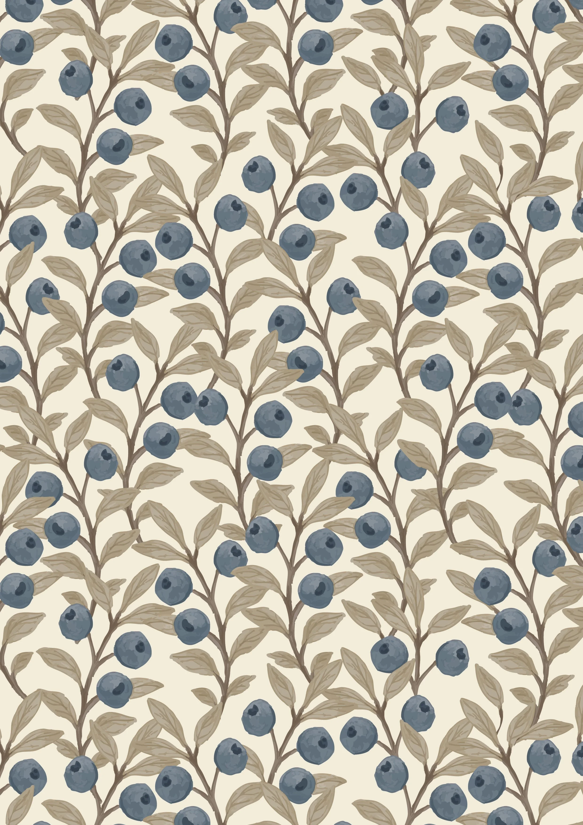 Pattern of blueberry branches with blue berries and beige leaves on a cream background.