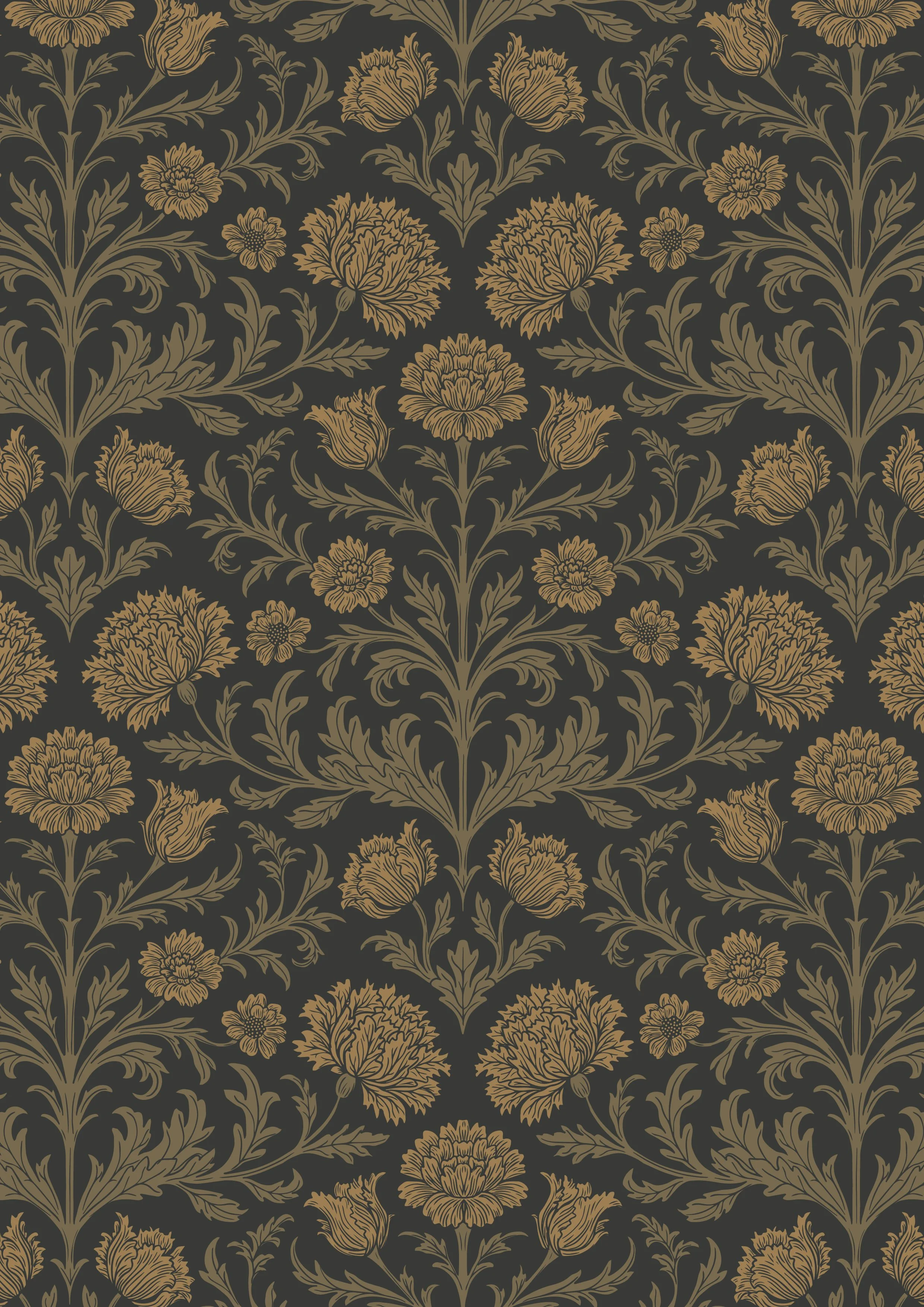 A dark background with an intricate gold floral pattern in William morris arts and crafts style, featuring large blooms, smaller flowers, and leafy vines.