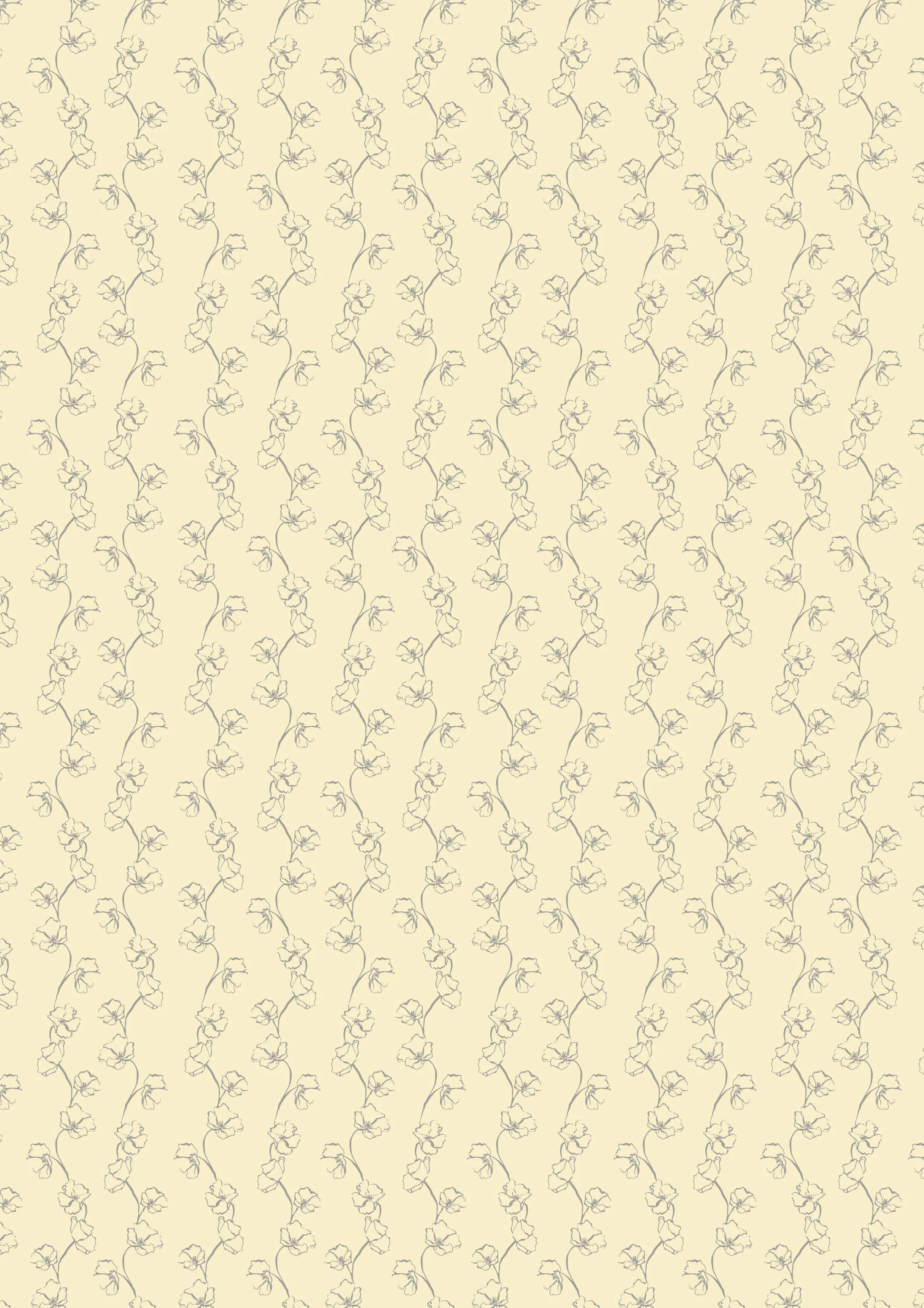 A pattern with thin, black floral vine outlines on a beige background.